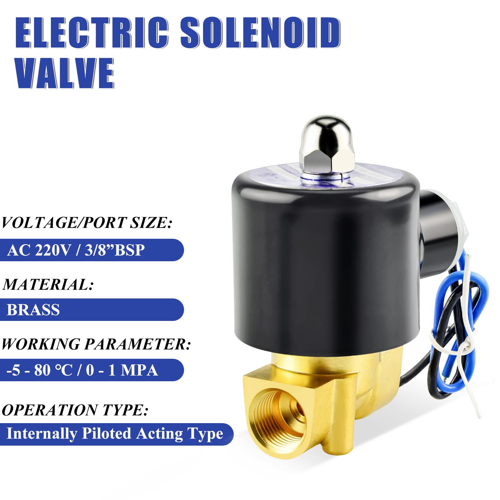 3/8" BSP 220V Électrovanne électrique en laiton avec connecteur cannelé, adaptée pour l'eau, l'air, le carburant, le gaz fermé
