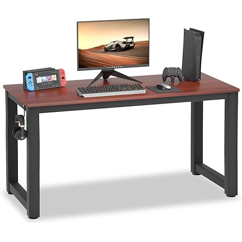 Computer Desk 55", Gaming Desk with Extra Strong Legs, Sturdy Writing Desk with Headphone Hook for Home Office, Work Table, Home Office Desk, Teak