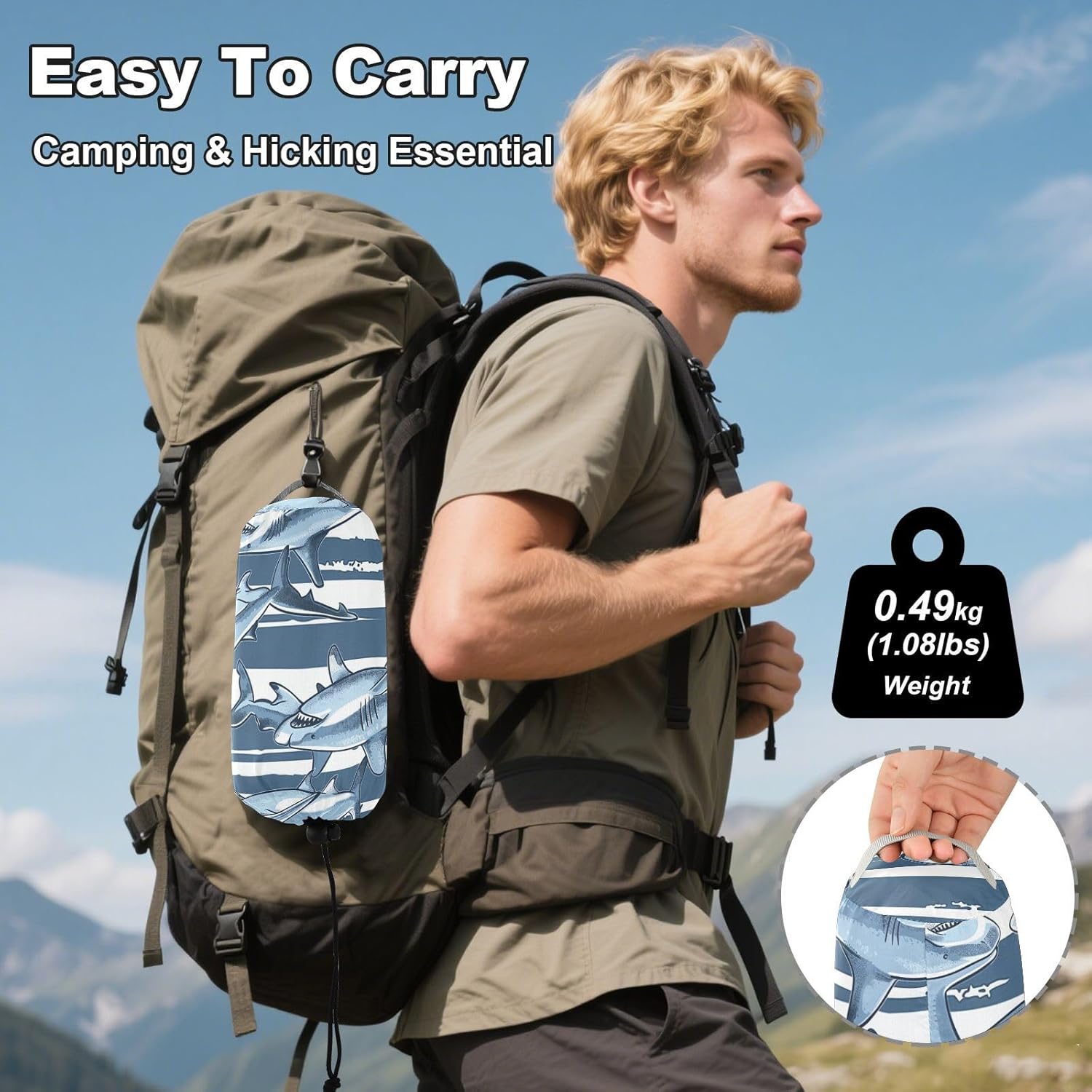 ALAZA Shark Stripes Camping Hammocks Single or 2 Person 500 lbs Portable Parachute Travel Hammock w/Tree Straps for Hiking Backpacking Indoor Outdoor