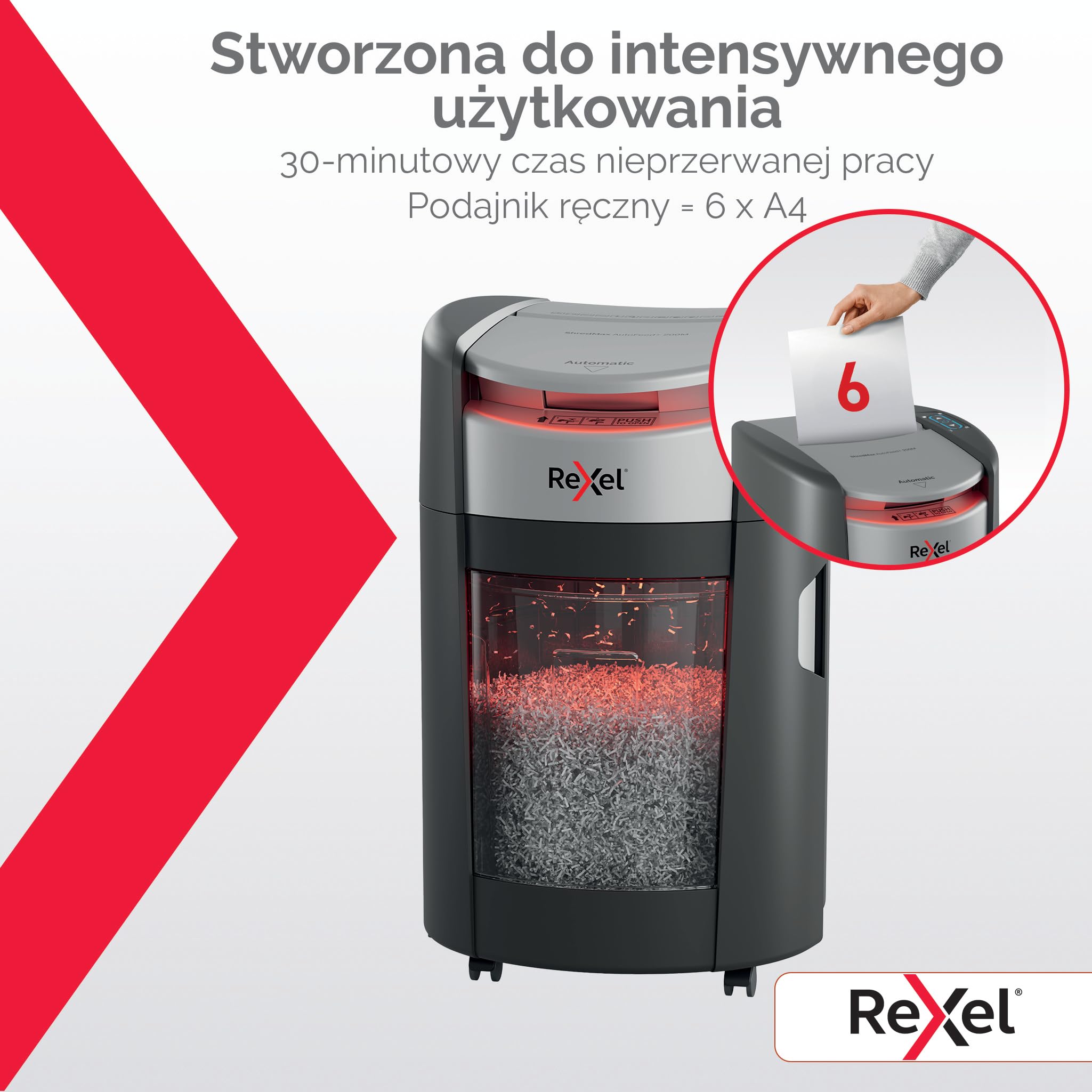 Rexel ShredMax AutoFeed+ 200M automatyczna niszczarka mikrościnki P5 | Niszczarka biurowa, zgodna z RODO, rotacja kosza, 200 arkuszy A4, kosz 21 l, <55 dBA, 30 min pracy, home office