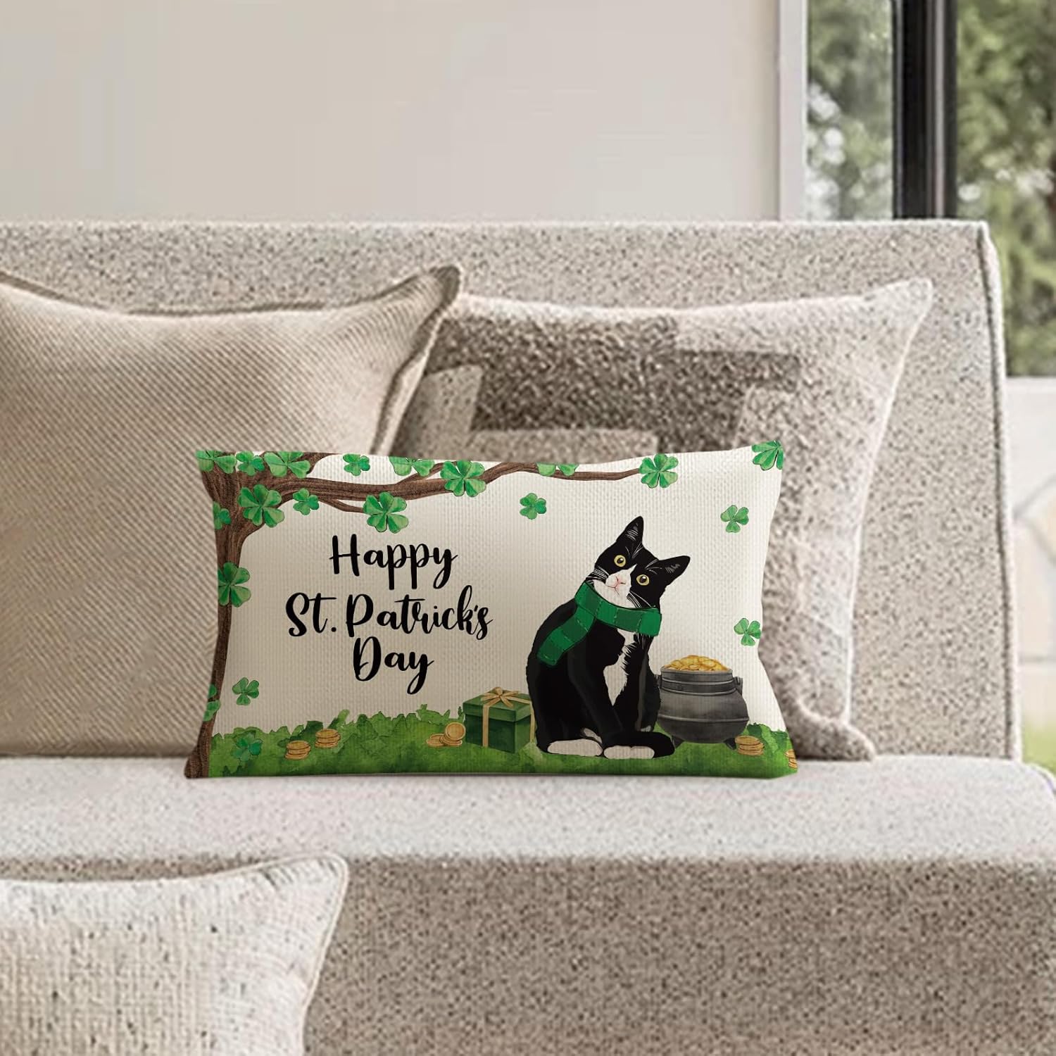 St Patricks Day Cat Shamrocks Clovers Lumbar Throw Pillow Cover 12x20 Inch Holiday Cushion Case Decoration for Sofa Couch - Image 4