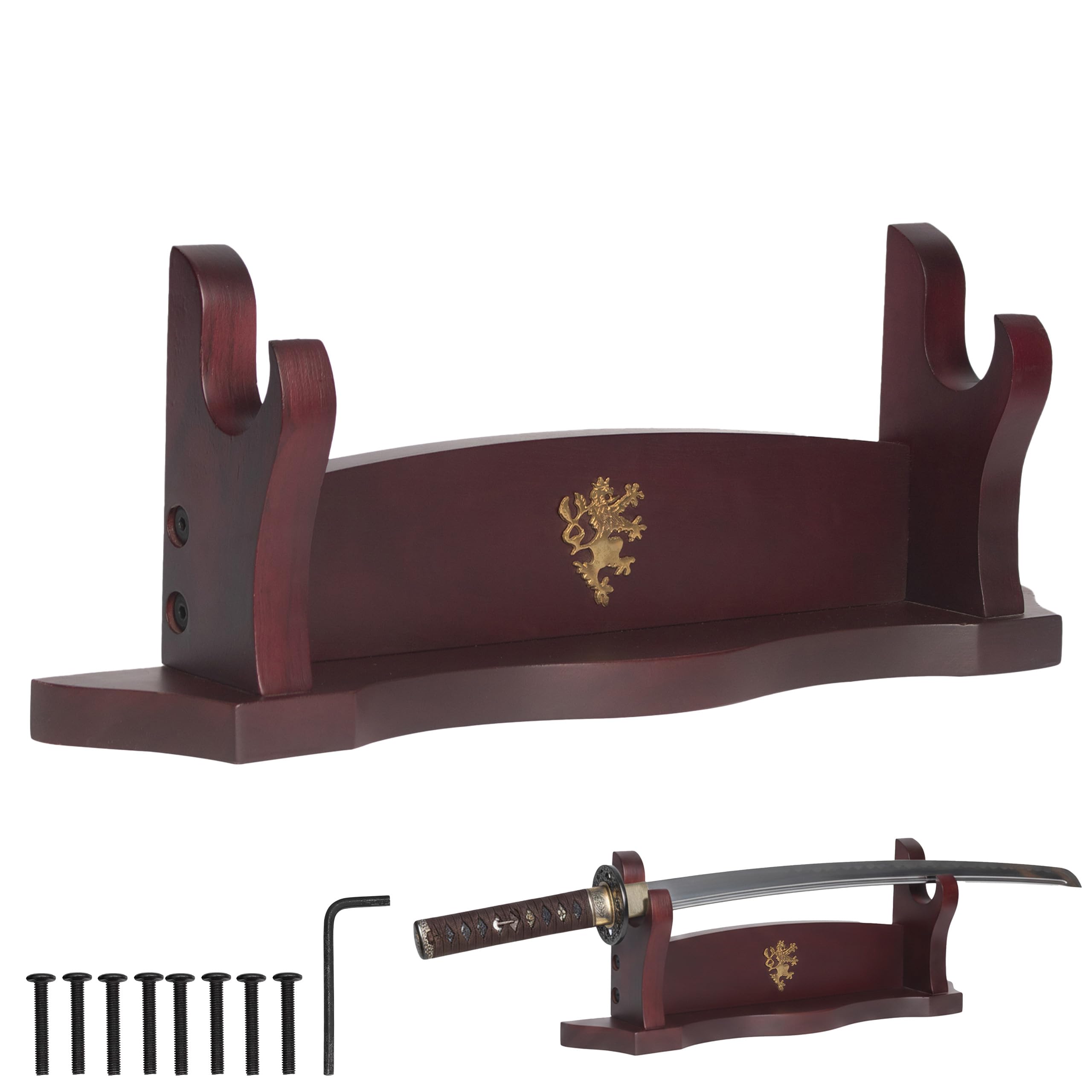 Mythrojan Medieval Sword Stand Solid Wood Horizontal Display Rack for Katana, Samurai, Gladiator, Crusader Swords Elegant Tabletop Holder, 1-Tier - Dark Brown