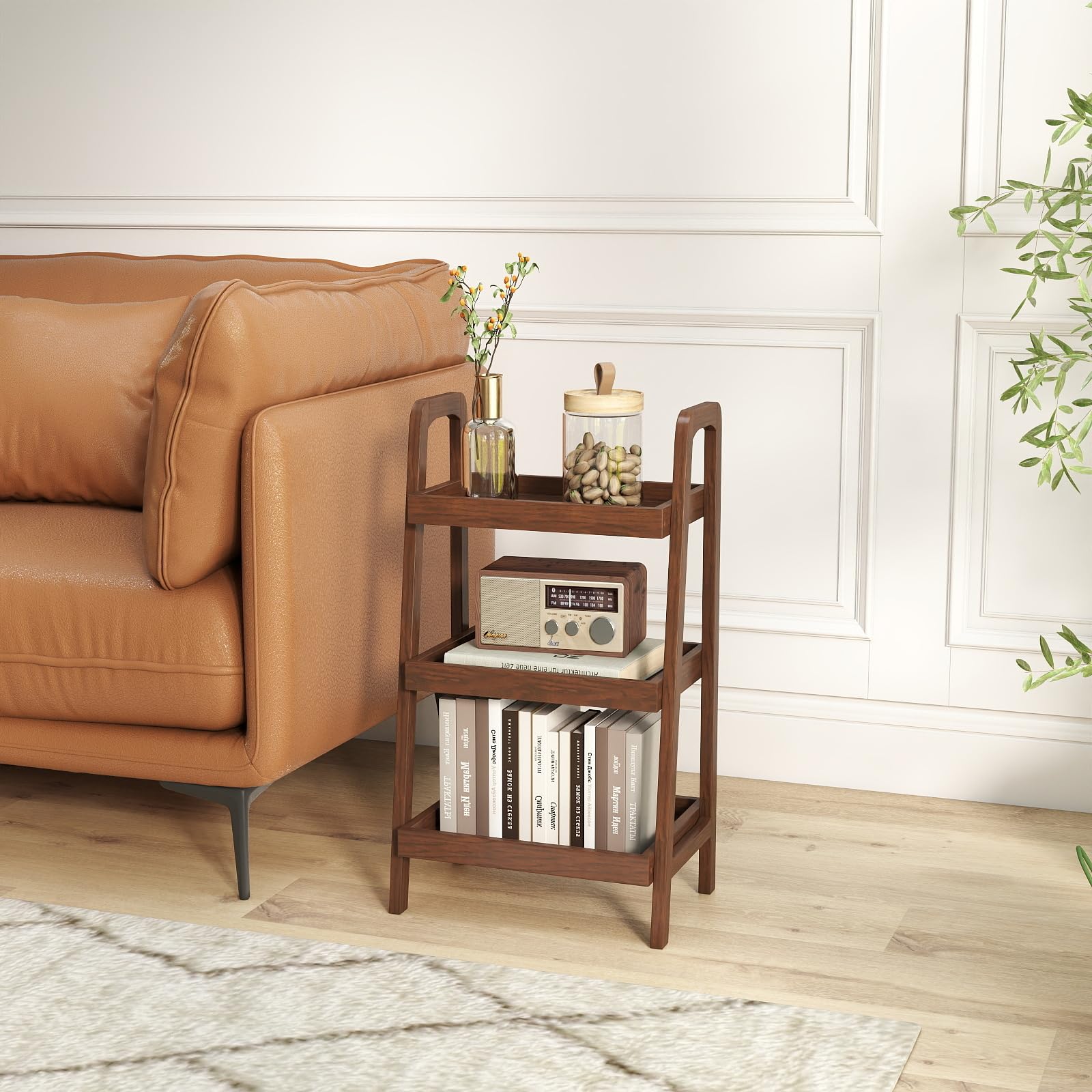 Bamskov 100% Solid Sofa Table - Versatile Design Narrow End Table with 3-Tier Open Storage for Living Room, Bedroom, or Small Spaces - Ladder Shelf