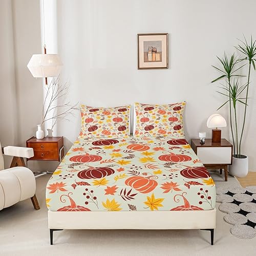 Miniatura 2 de Juego de sábanas bajeras de calabaza de otoño para niñas y niños, tamaño Queen, juego de ropa de cama de hojas de otoño decorativo, juego de sábanas