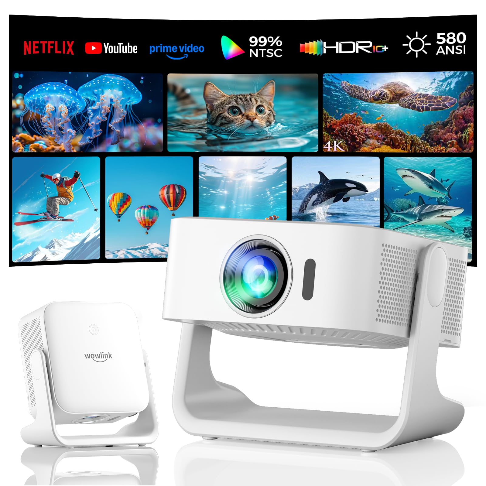 [Smart TV OS & HDR10+ & 3D Sound] 4K Vidéoprojecteur avec WiFi 6 et Bluetooth 5.4, Built-in Smart OS & Apps & Dual Speakers, 1080P Native Auto Focus & Keystone, Home Movie Projecteur - Blanc