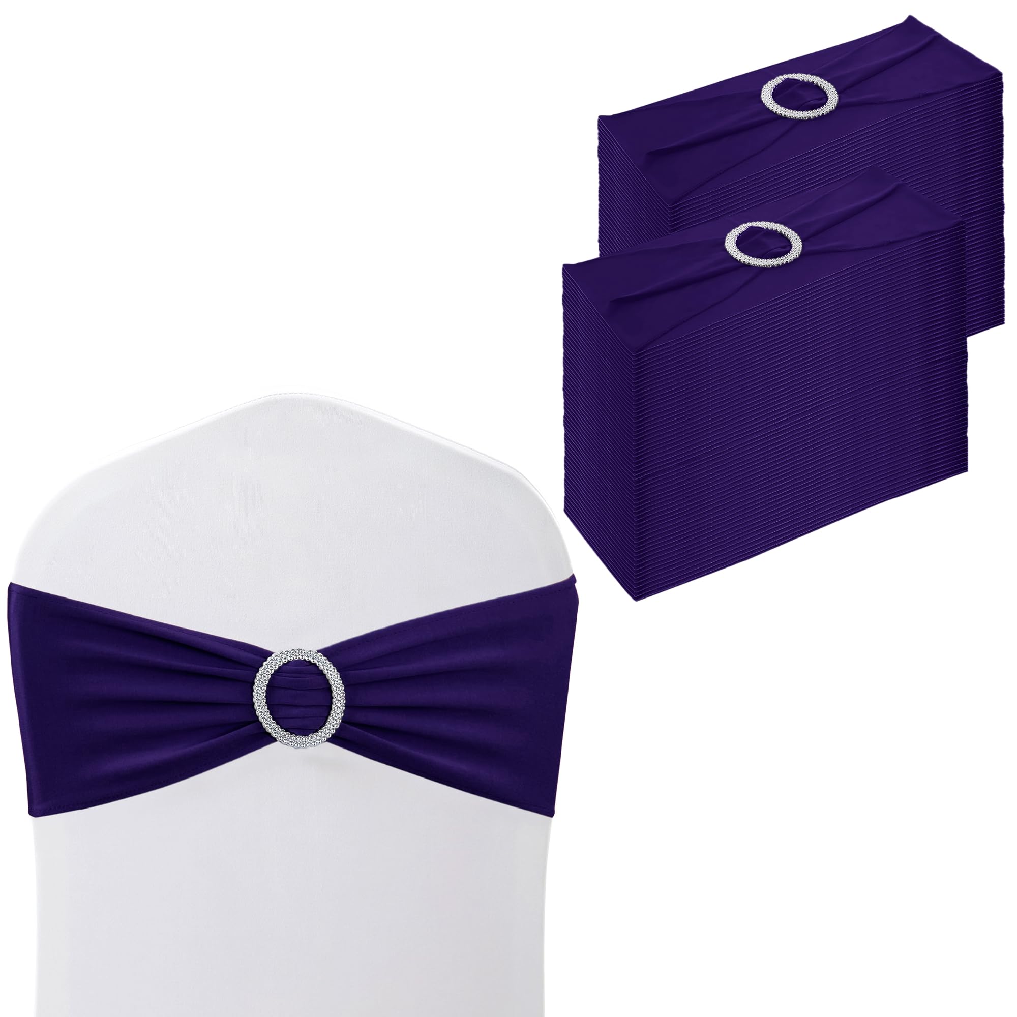 Trimming Shop 13"x5" Spandex Chair Bands with Slider Buckle – Stretchy Elastic Chair Sash, Chair Cover Bands for Wedding, Party, Reception, Banquet, Event & Venue Décor (Pack of 100, Dark Purple)