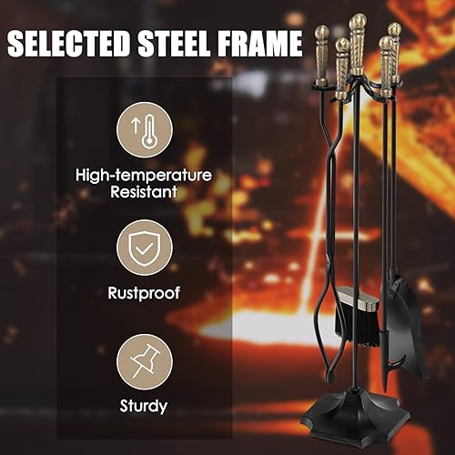 Miniatura 6 de Goplus Juego de herramientas para chimenea, herramientas modernas para chimenea al aire libre con póquer, pala, cepillo resistente al fuego, pinzas,