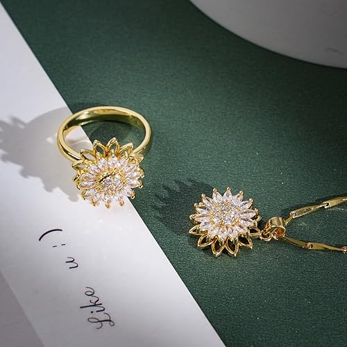 Miniatura 4 de Juego de collar y anillo de girasol giratorio para mujer, chapado en oro de 18 quilates, con circonita cúbica, ajustable, alivio de la ansiedad,