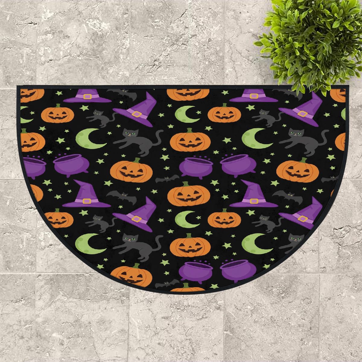 Große halbrunde Fußmatte – Kürbis Hexenhut Halloween saugfähig rutschfest halbrund Eingangsbereich Teppich – niedlicher, weicher, halbrund waschbarer Teppich für Küche, Badezimmer
