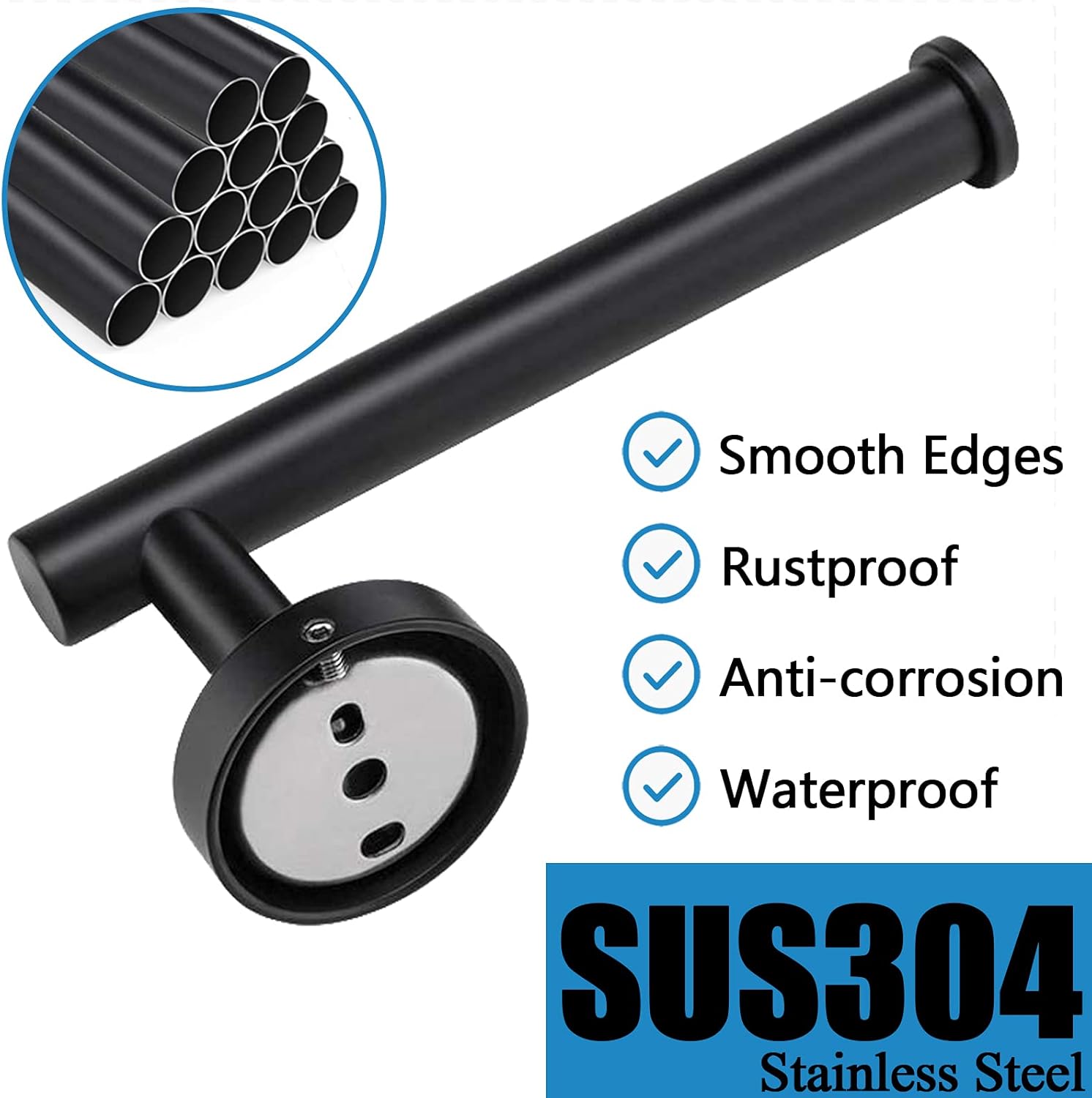 Pynsseu 5 Pieces Bathroom Hardware Set, Matte Black Wall Mount Accessories Kit Included 16IN Hand Towel Bar, Toilet Paper Holder, Bath Robe Hook, and 2 Bathroom Hooks Adhesive