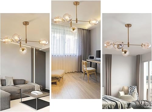 Miniatura 6 de Lámpara de techo moderna semiempotrada, lámpara de araña dorada de 4 luces de mediados de siglo con globo de cristal, iluminación de techo clásica