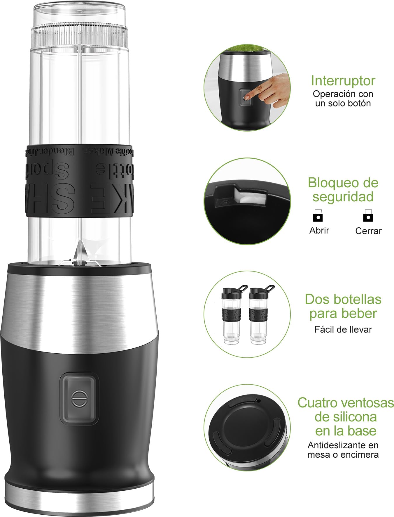 Batidora de Vaso, 500W Batidora Smoothies, Mini Batidora Portatil Batidora de Vaso Individual con 2 Botellas de 570 ml de Plástico Tritan, Licuadora para Zumos, Batidos, Verduras, Frutas