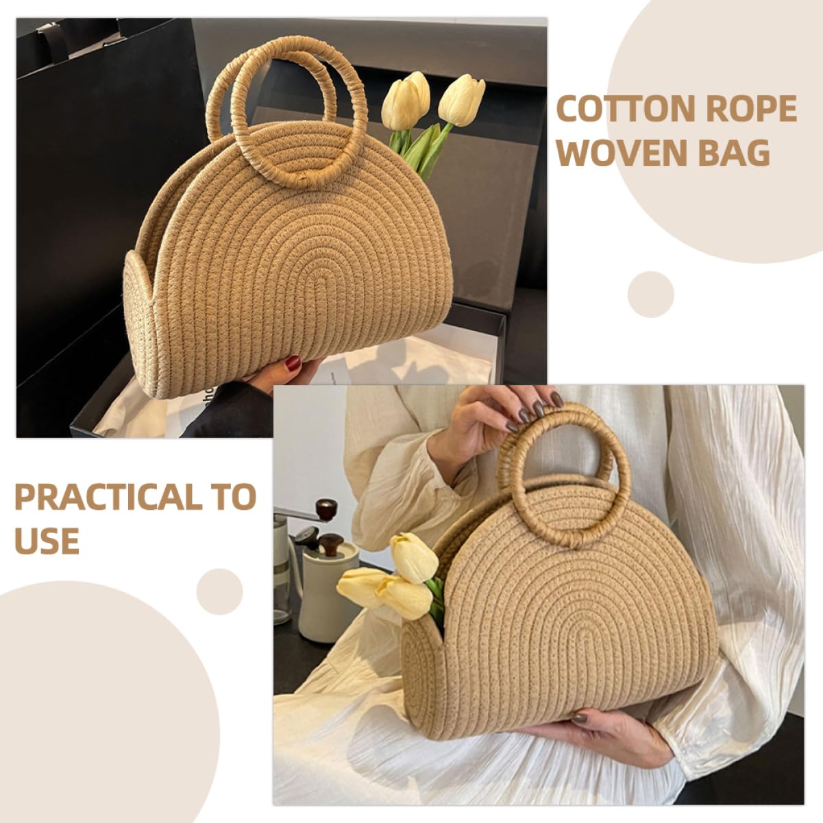 Beaupretty Borsa da Spiaggia Manico Portatile Estiva Intrecciata in Corda di Cotone e Capacità Ampia per Viaggi e Fotografia All'aperti