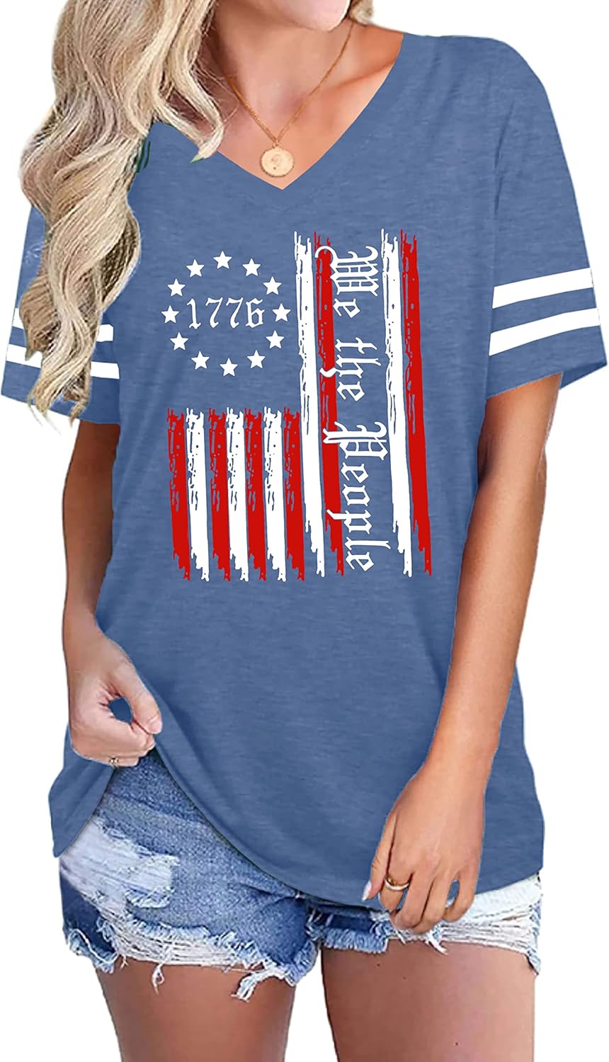 American Flag Shirts Women Patriotic Shirt 4th of July Tee Tops V-Neck Short Sleeve Summer T-Shirt - Image 2