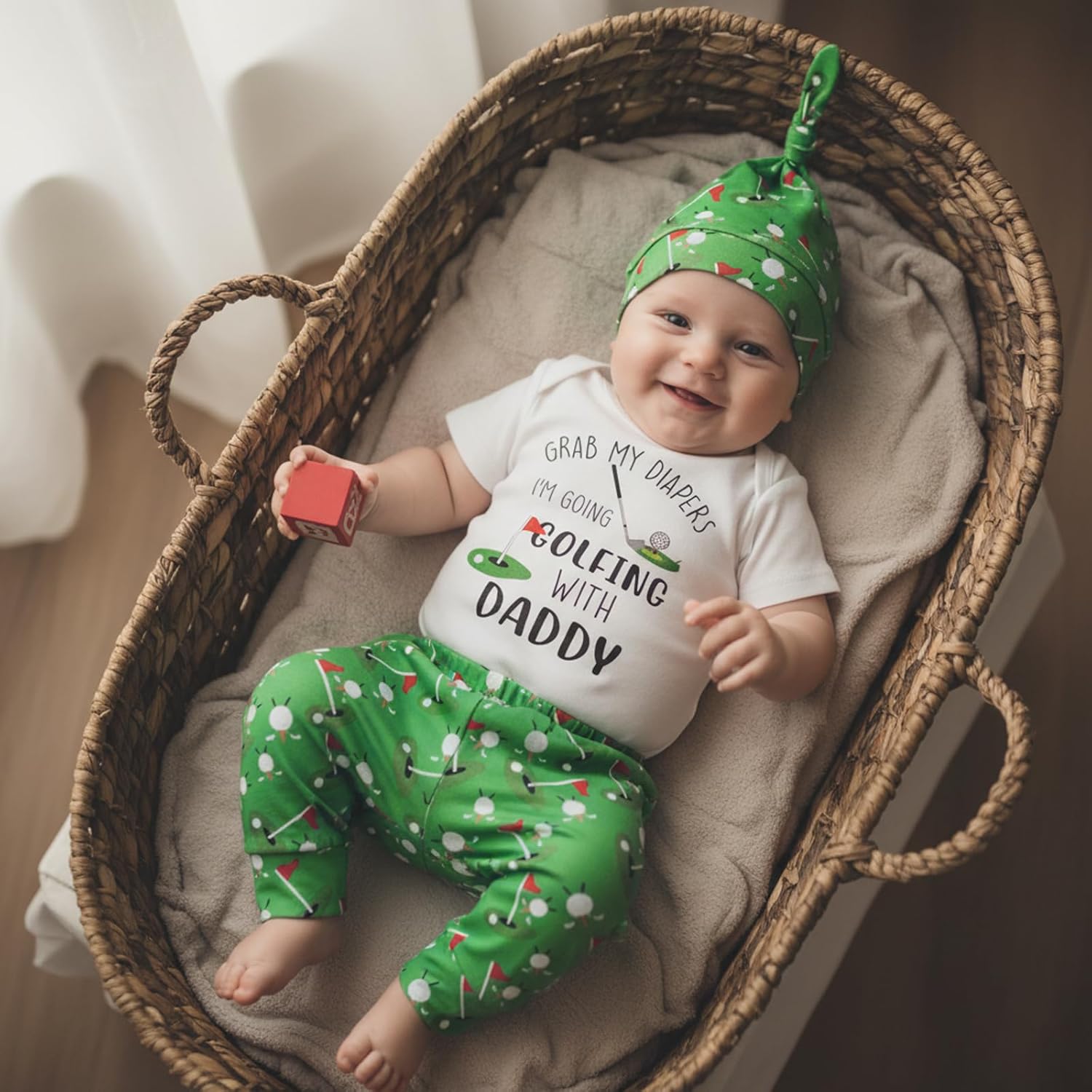 YOKJZJD 3Pcs Newborn Baby Boy Golf Outfit Grab My Diapers I'm Going Golfing With Daddy Romper Shirt Pants Set Summer Clothes - Image 2