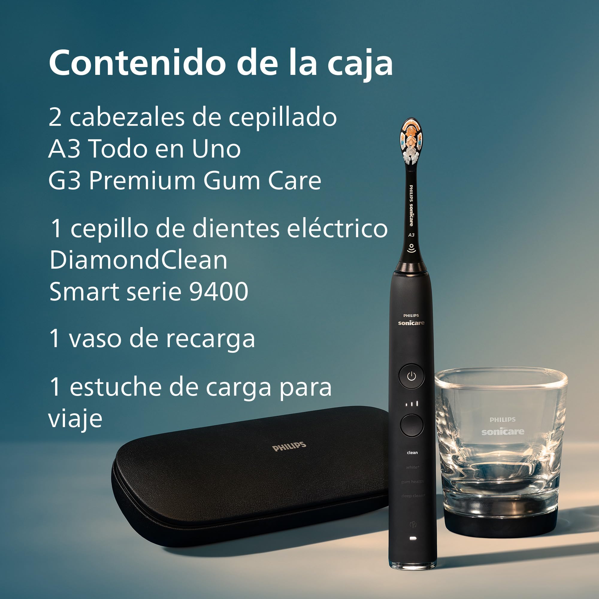 Philips Sonicare DiamondClean Smart 9400, cepillo dental eléctrico, sónico con aplicación, sensor de presión, detección de cabezal de cepillado, negro, modelo HX9917/89