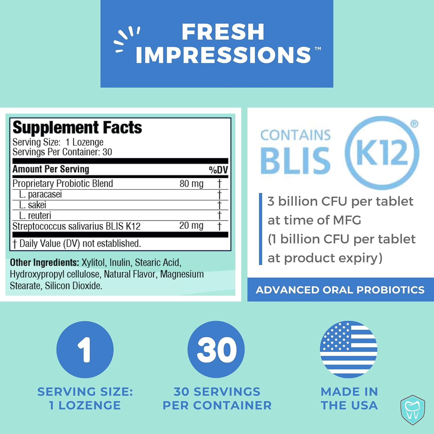 Oral Probiotics, Chewable Oral Probiotic for Bad Breath, Halitosis, Teeth, and Gum Health, Fresh Impressions, Oral Probiotic Lozenges, Contains Blis K12, Mint Flavored, Sugar Free
