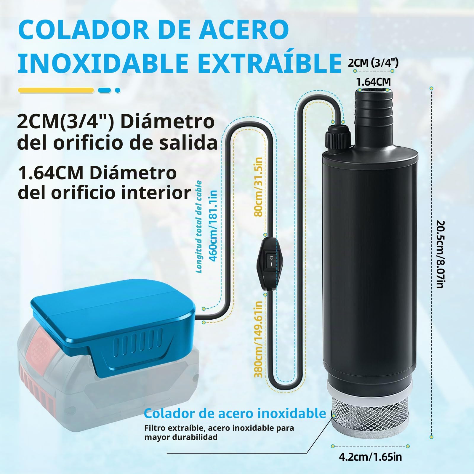 Bomba de agua sumergible a batería, compatible con batería Bosch de 18V, bomba de agua portátil con caudal de 475,5 GPH, bomba de elevación de agua de 15,1 pies para vaciar piscinas, para