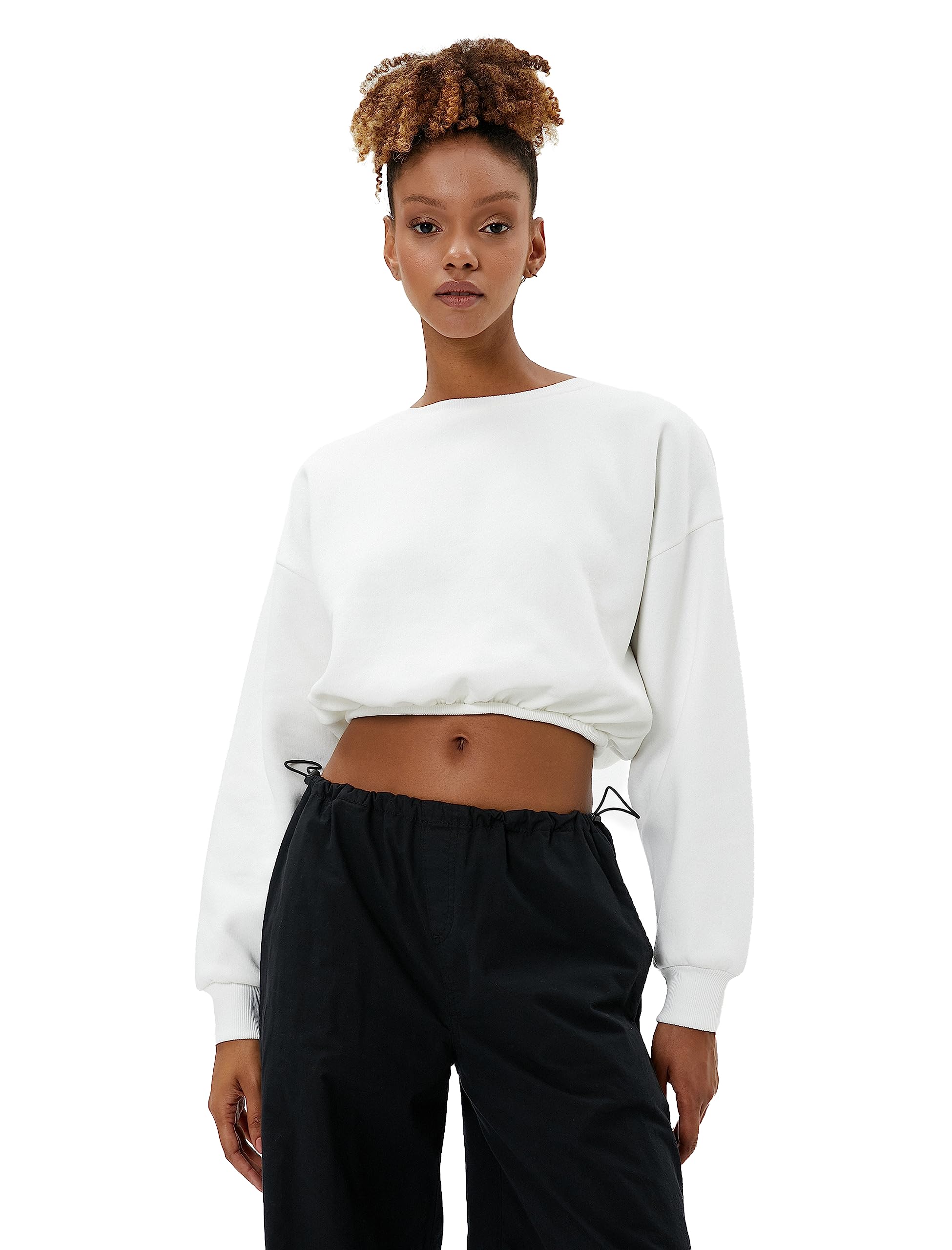 Şardonlu Crop Sweatshirt Bisiklet Yaka Beli Ribanalı Uzun Kollu