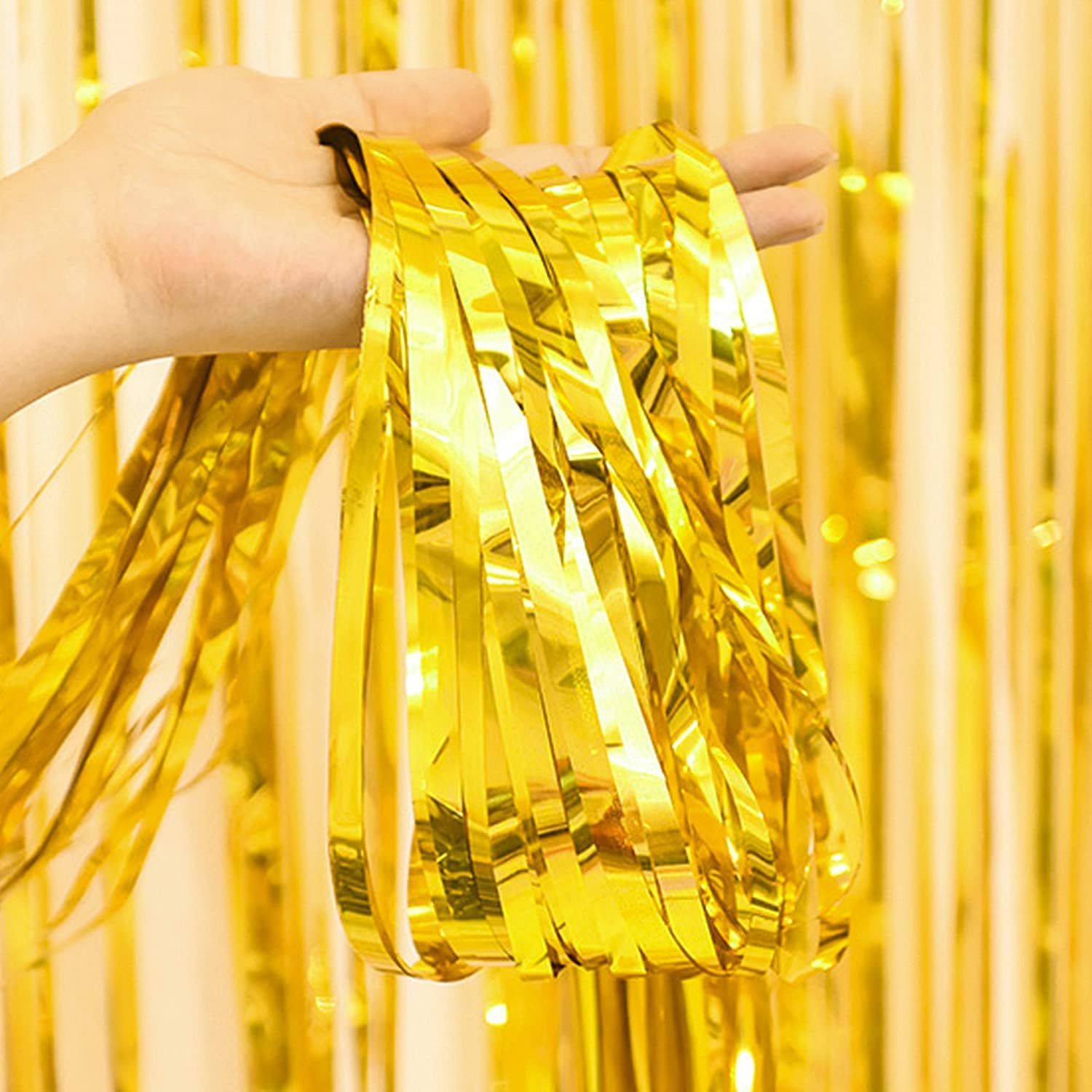 2 Packs 3.2 ft x 9.8 ft Metallic Tinsel Foil Fringe Curtains for Party Photo Backdrop Birthday Wedding Bridal Shower Baby Shower Bachelorette Holiday Celebration Party Decorations (Gold) : Home & Kitchen