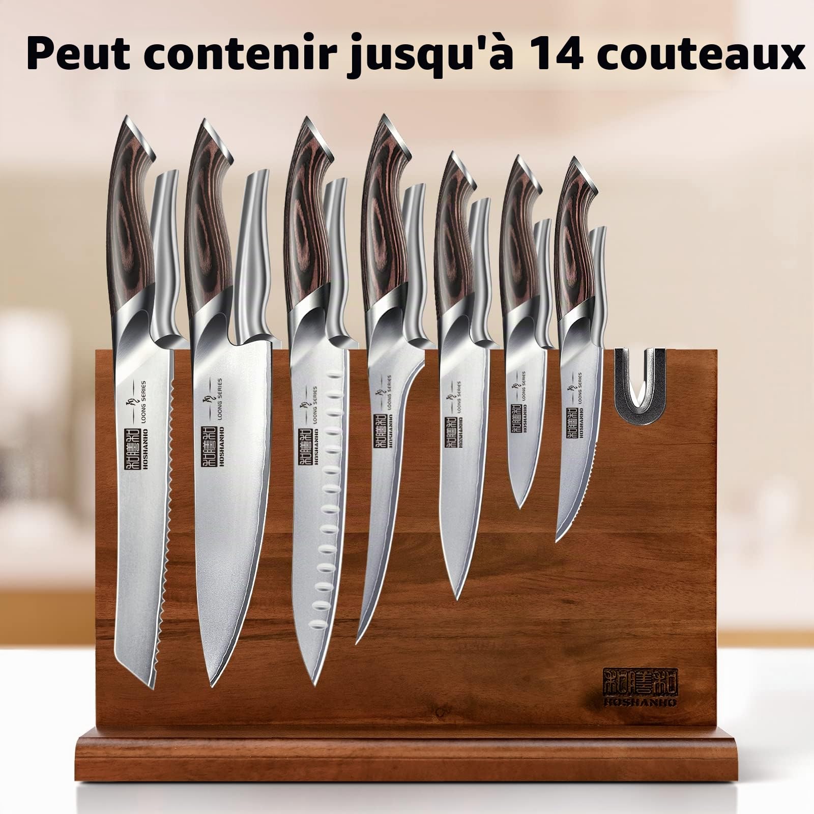HOSHANHO Bloc à Couteaux Magnétique 35,5 x 25,4 cm - Porte Couteaux Aimanté Double Face Porte-couteaux Magnétique en Acacia Bloc Couteau de Cuisine