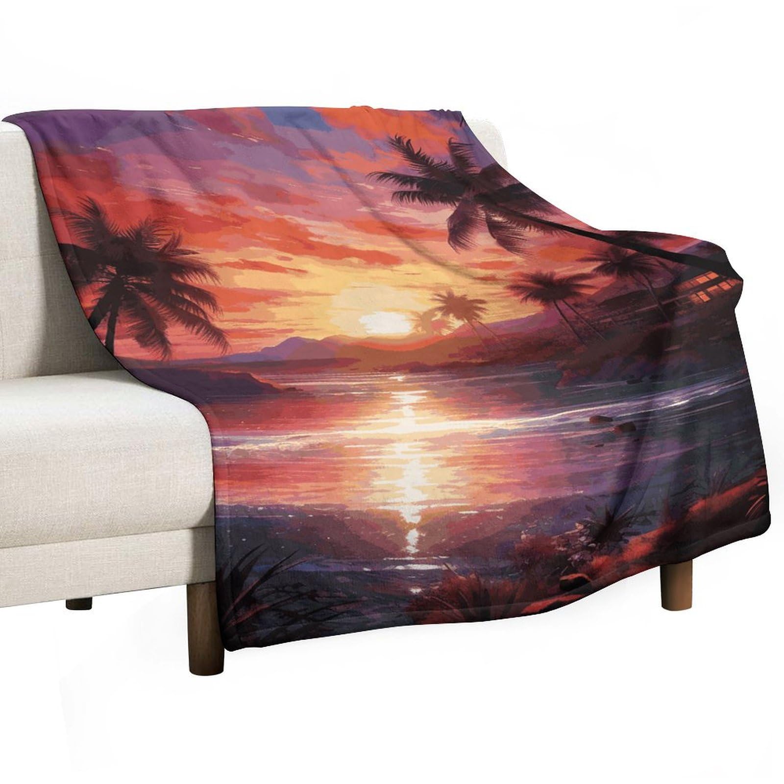 Couverture flanelle 127x178cm plaid lit léger avec imprimé coucher de soleil tropical pour canapé