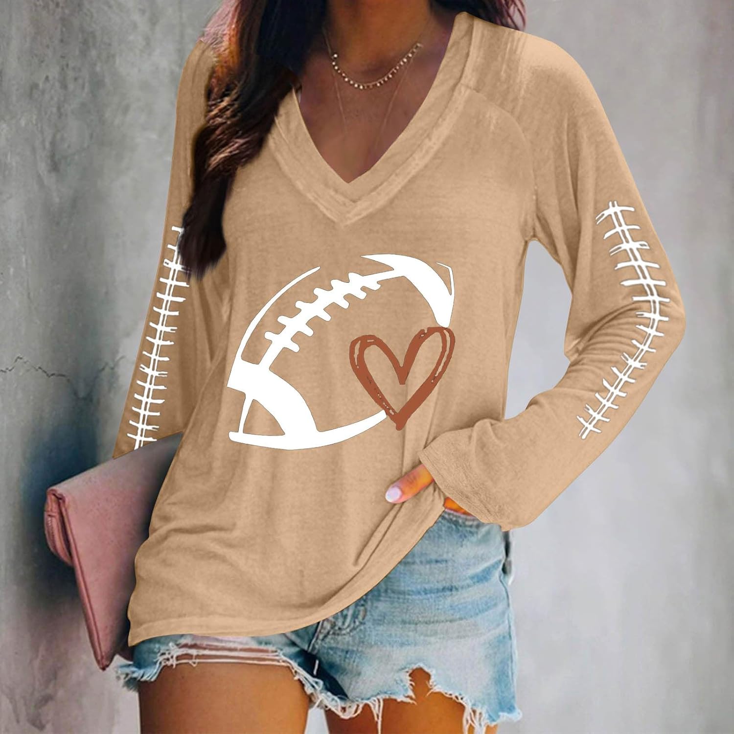 Football Shirts for Women Game Day T-Shirts Graphic Tops Casual Football Season Long Sleeve V Neck Tees Fall Clothes