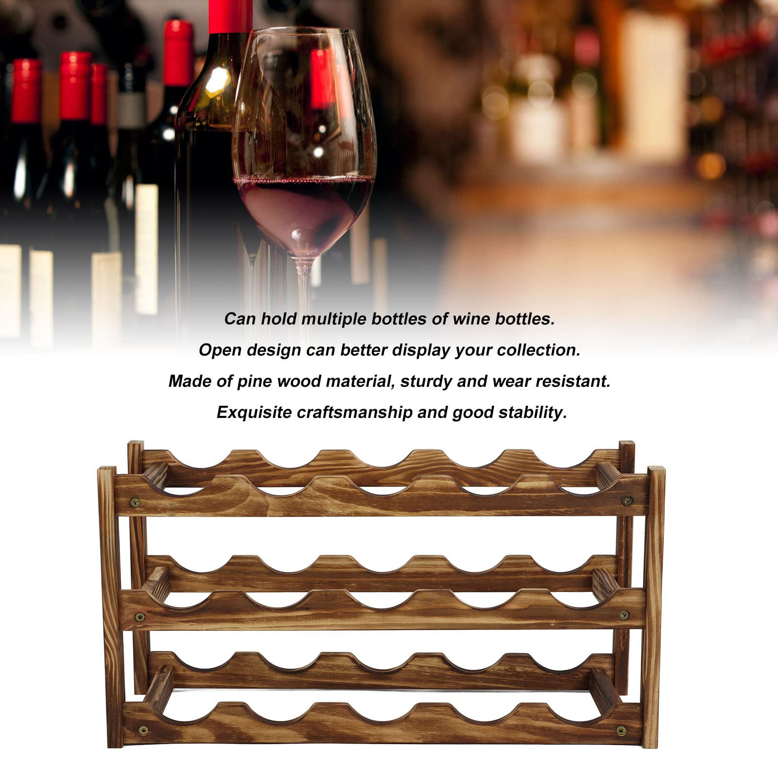 Jeanoko Wine Rack Pine Wood Wine Bottle Storage Shelf Display Organizer Decor Stackable Wine Rack for Countertop Home (3 Layer 15 Bottles Capacity)