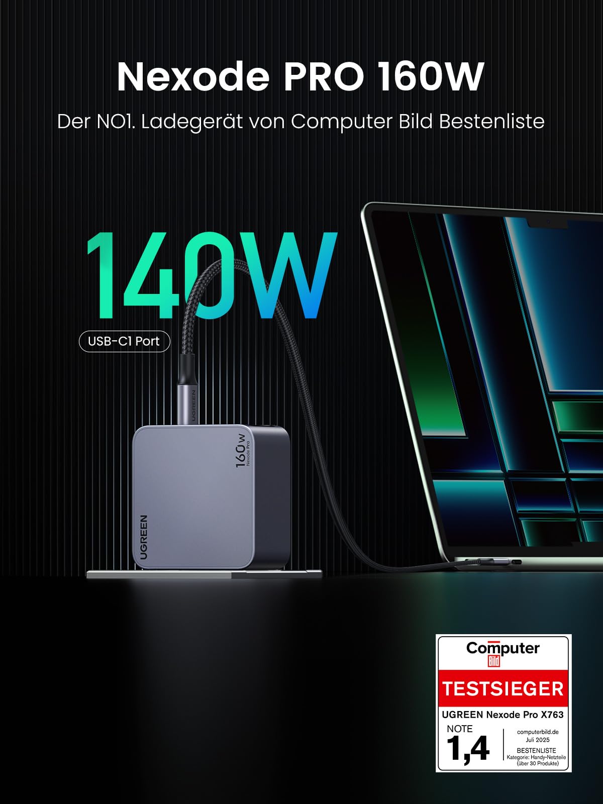 UGREEN USB C Ladegerät, Nexode Pro 160W GaN Charger Mini USB C Netzteil 4-Port Schnellladegerät PD3.1 kompatibel mit MacBook Pro/Air, iPad, iPhone 17 Pro Max, Galaxy S25 Ultra, S24, Dell XPS