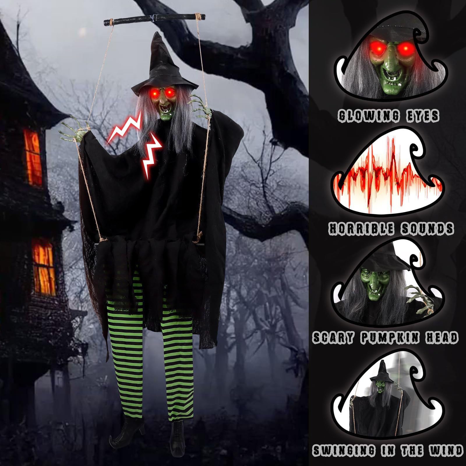 Aktywowana głosem huśtawka upiorna dekoracja ze światłem efekt dźwiękowy aktywowana ruchem huśtawka czarownica na Halloween dekoracja wisząca niesamowita manifestacja
