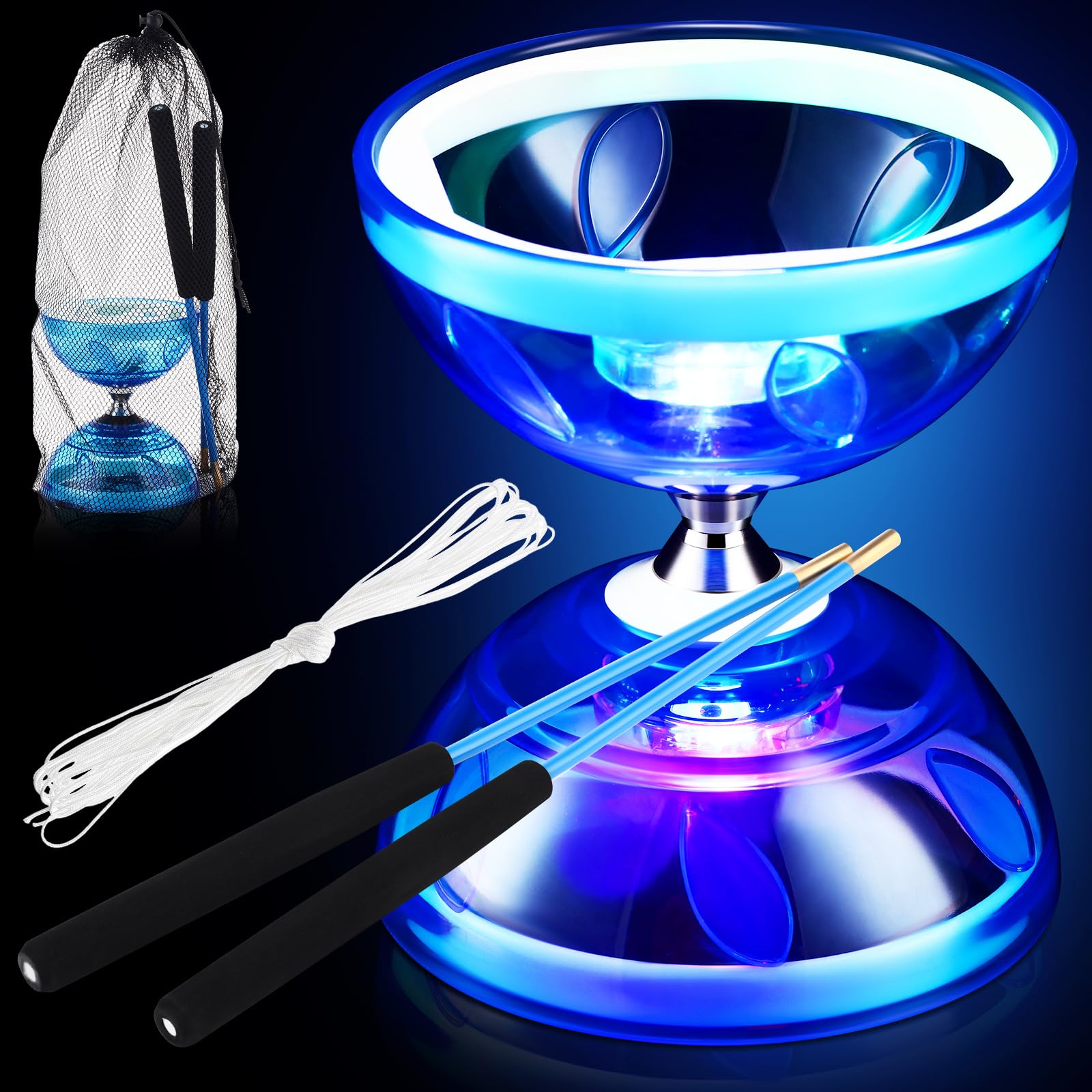 chinese yoyo diabolo set includes colorful led diabolo toy light up with 2 pieces sticks 1 piece string 1 net bag for funblue