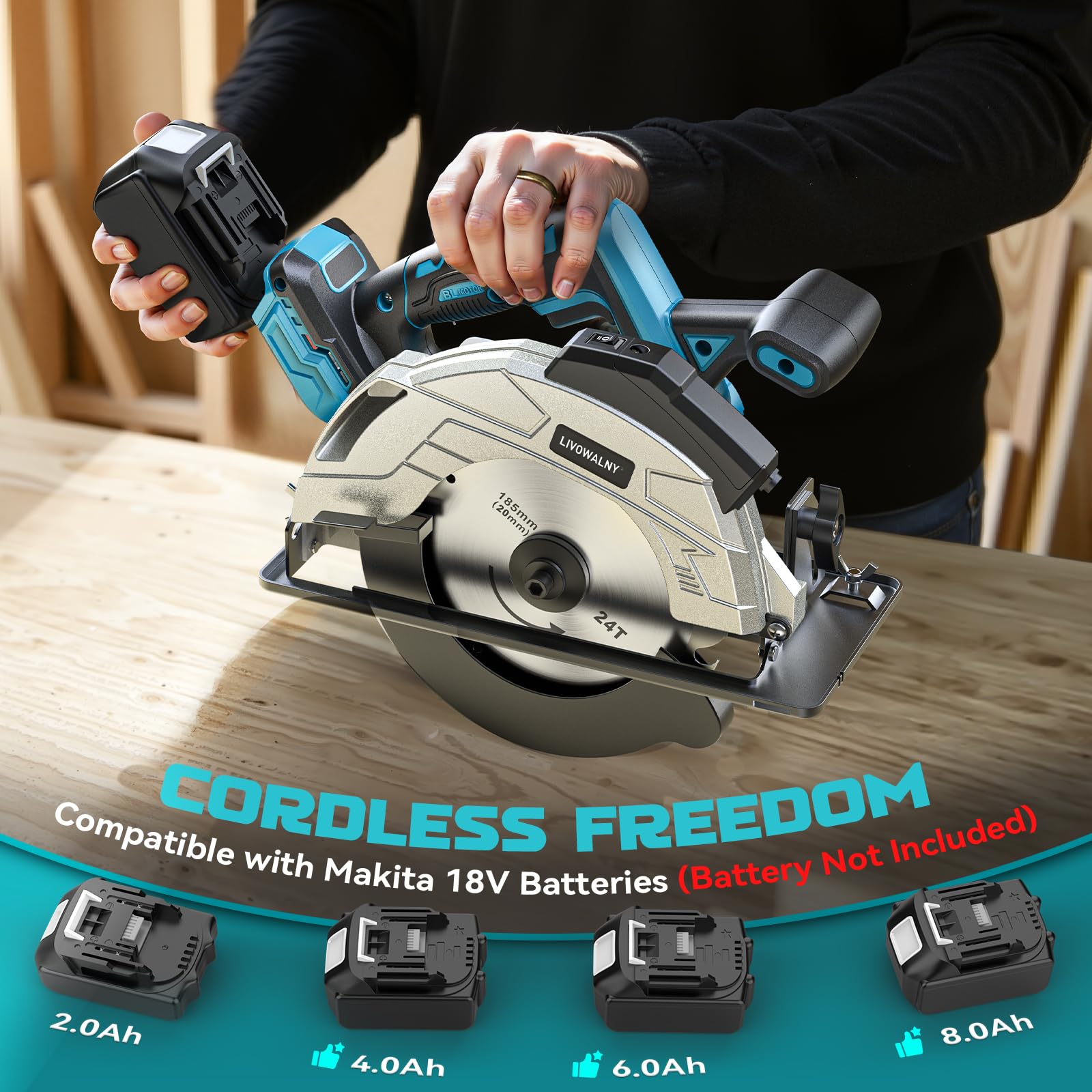 LIVOWALNY Handkreissäge Kompatibel Mit Makita Akku 18v, 66mm Akku-Kreissäge mit Ø165 x Ø20 mm Sägeblatt, werkzeuglose Einstellung bei Schnitttiefe + Neigungswinkel (ohne Akku)