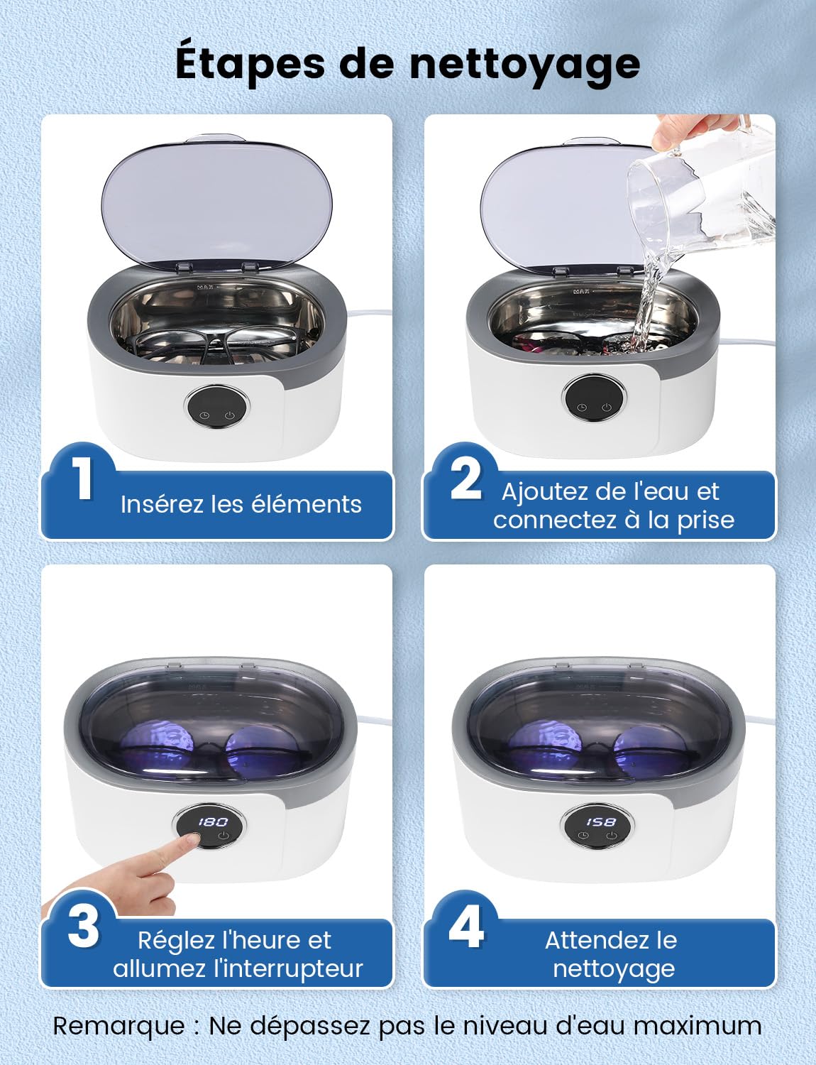 Nettoyeur Ultrasons 600ML, Nettoyeur Ultrasons Lunettes 50000Hz Nettoyant Bijoux Argent avec 5 Réglages de Temps, pour Bijoux, Montres, Lunettes