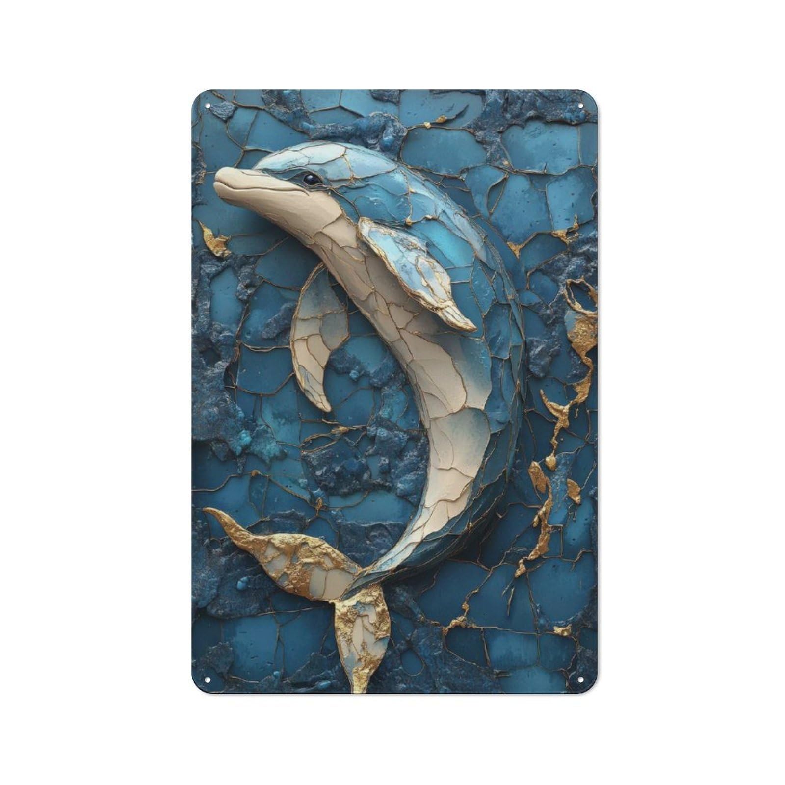 Junmoney Style-6 Character Decorative Tin Plaque 30X20cm Featuring Blue And Gold Dolphin Art, Home Wall Decor For Flat, Dorm Room, Lounge Or Cafe