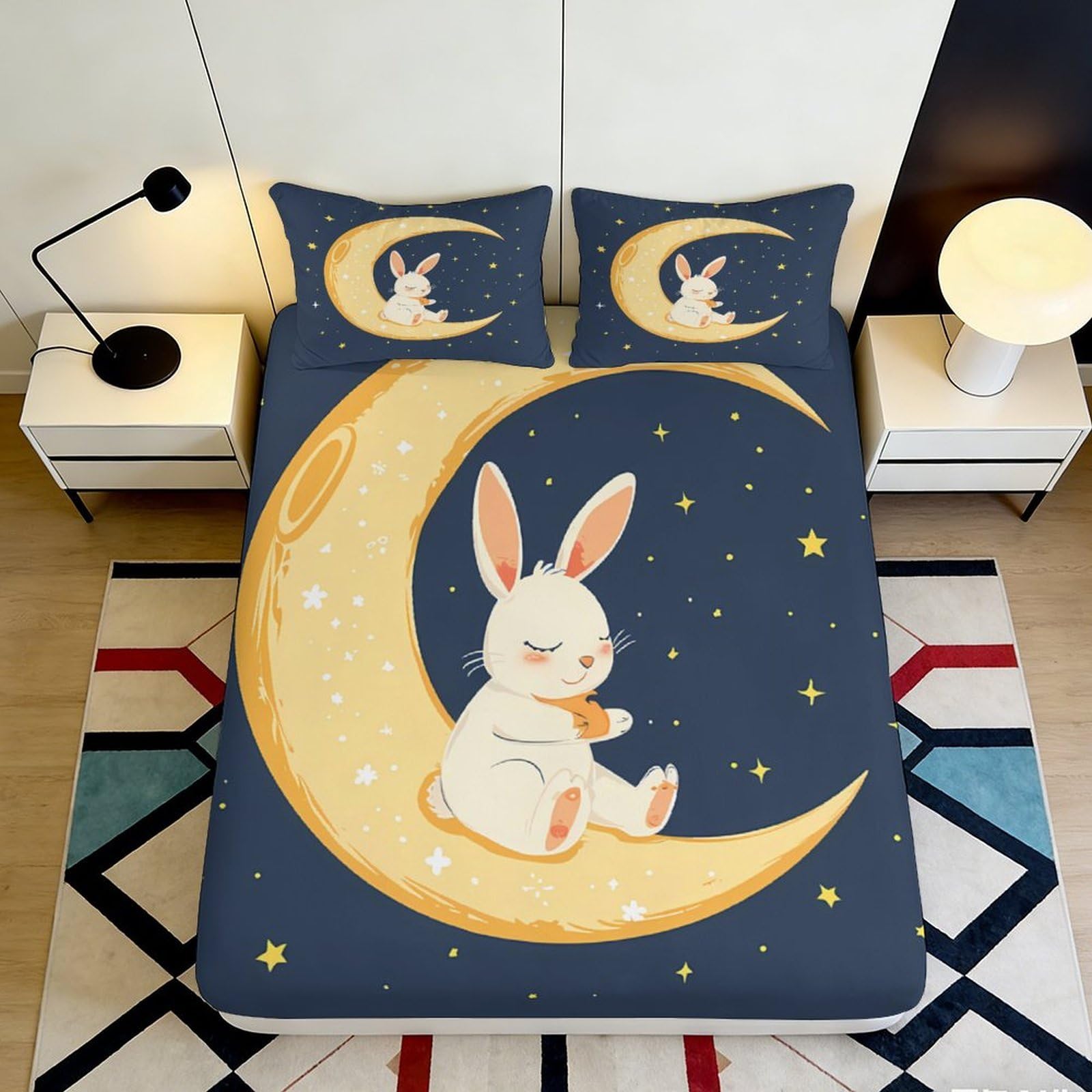 Uynsixtme Style-10 3D Printed Moon Bunny Fitted Sheet Microfiber Deep Pocket Non-Slip Bedroom Bedding Moon Bunny Mattress Fitted Cover For Adults Teens 200X200x25cm