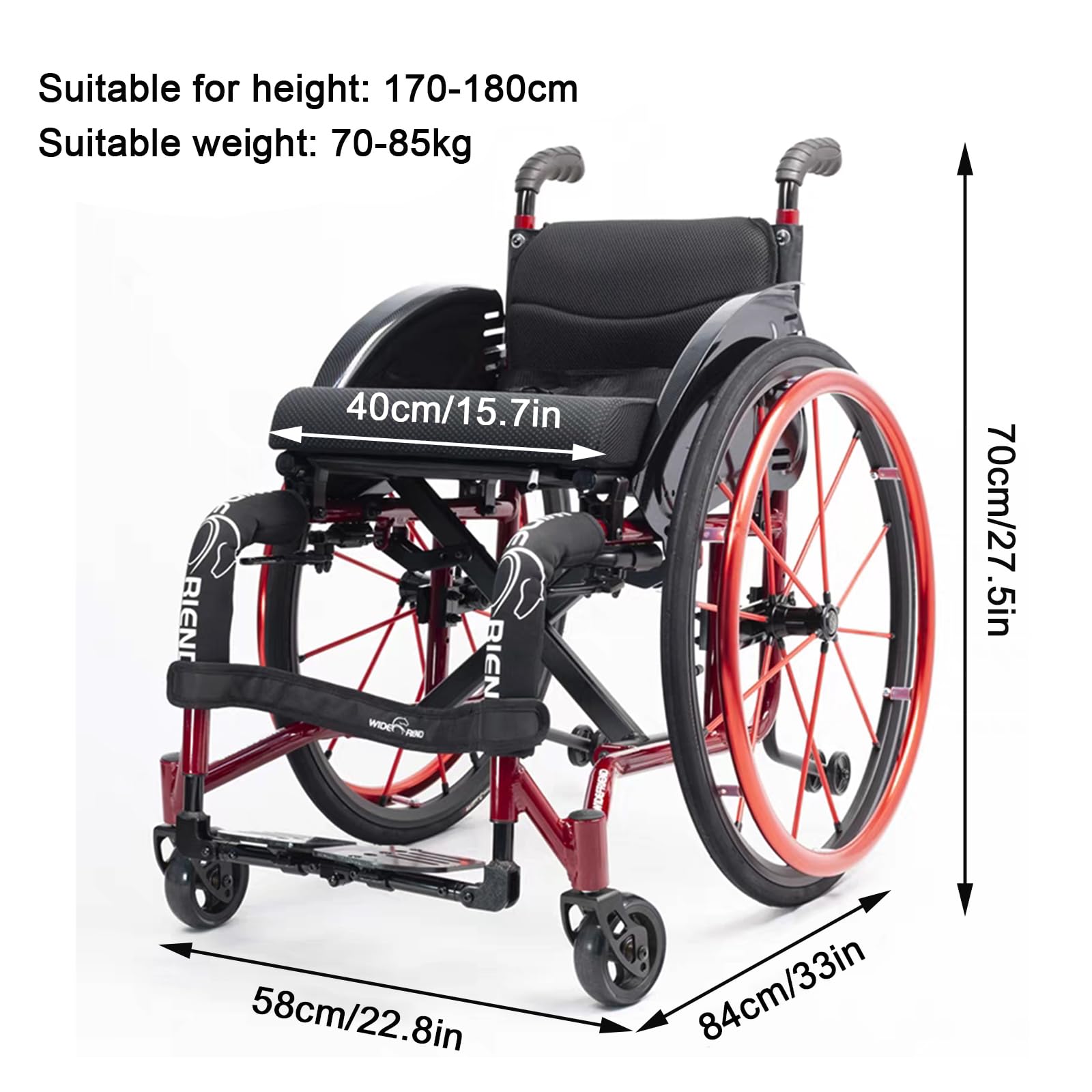 Silla de ruedas autopropulsada plegable ligera con ruedas traseras de liberación rápida y ruedas antivuelco, construcción de aleación de aluminio ultraligera