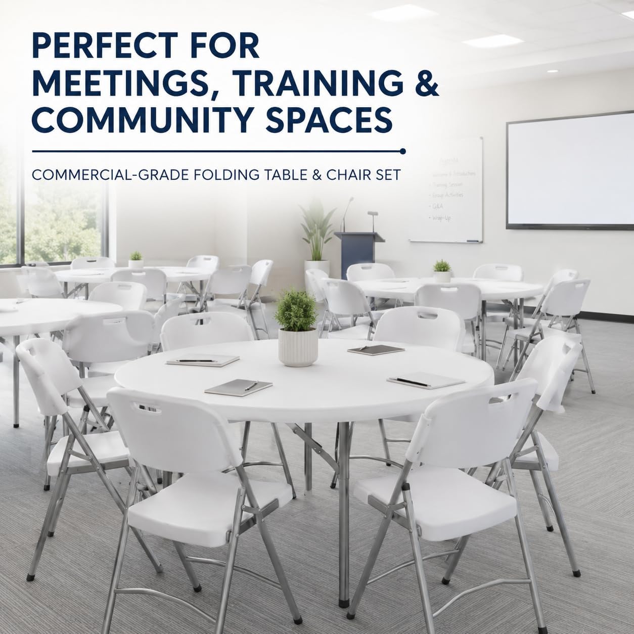 Round Plastic Folding Table and Chair Set, Granite White Foldable Event Furniture Set with Steel Frame, Indoor Outdoor Portable Seating for Parties (72", 12 Tables with 96 Chairs) — Zaynora Luxury Marketplace