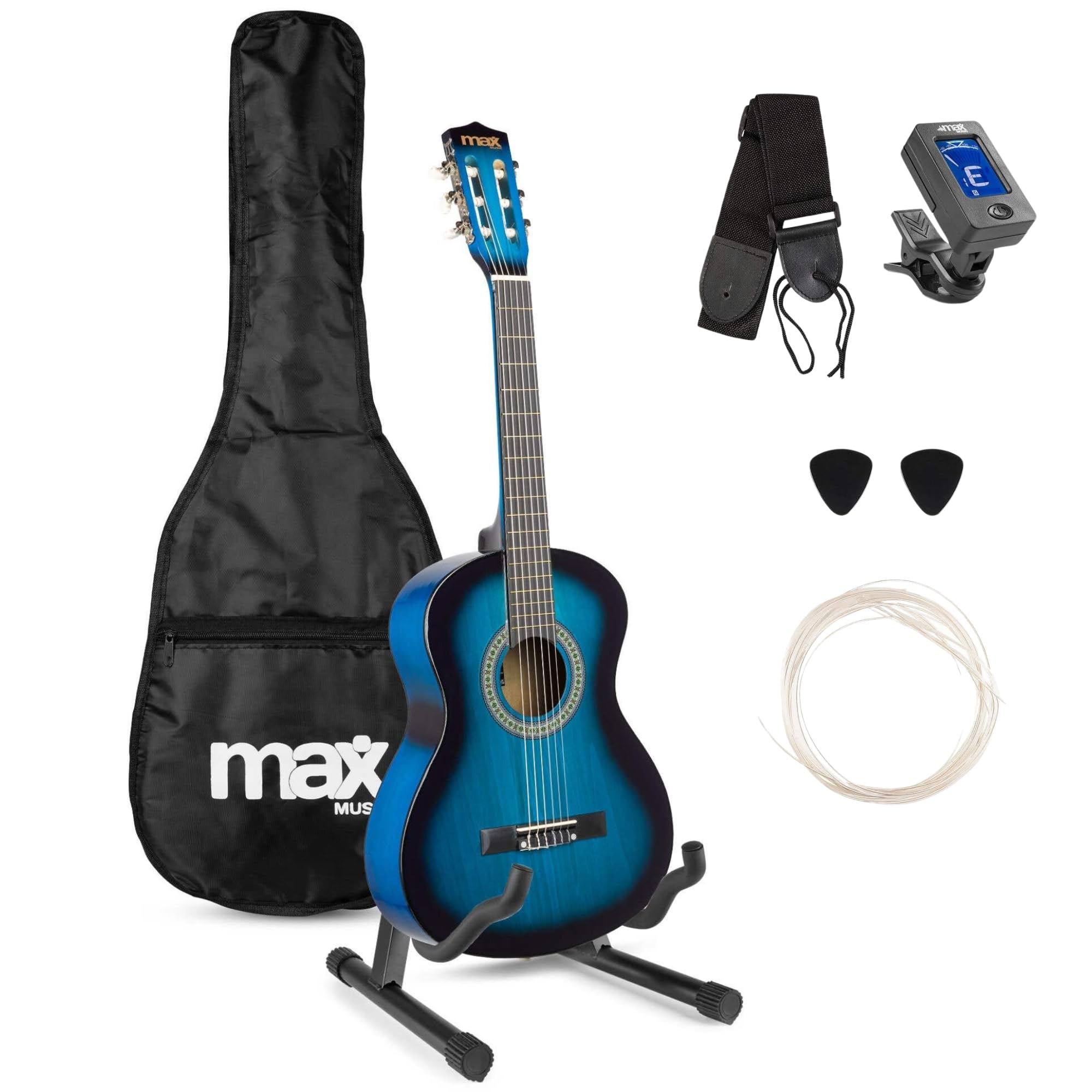 MAX SoloArt Junior - Akustik Gitarre 3/4, Kinder Gitarre inkl. Stimmgerät, Ständer, Tasche, Plektrum, Gurt und Saiten-Zubehör, 3/4 Guitar in Holz Blau