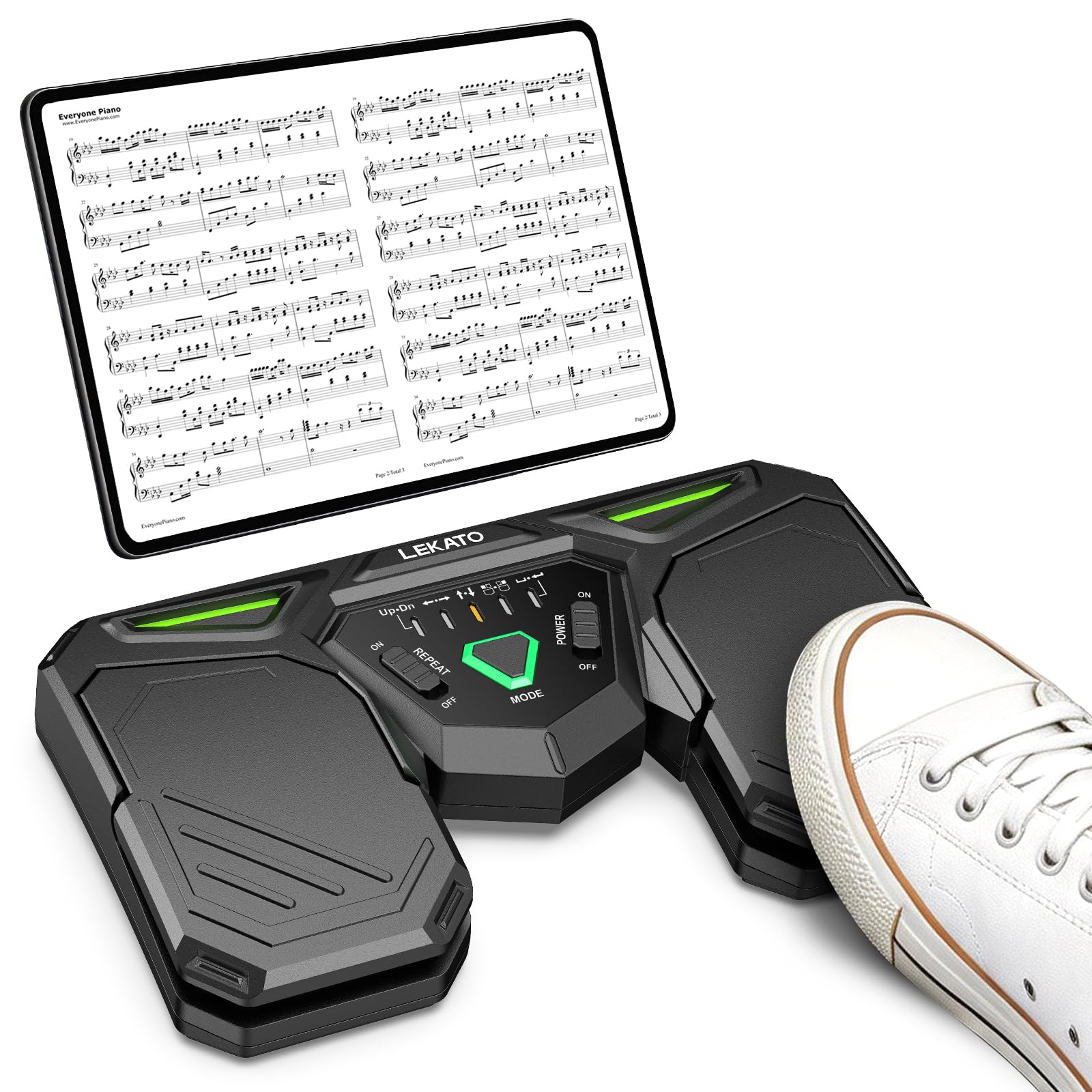 LEKATO Pedale Bluetooth per girare pagine, ricaricabile, wireless, con 40 ore di autonomia, doppio pedale antiscivolo e silenzioso per girare pagine, con indicatore della batteria, per tablet, Pad