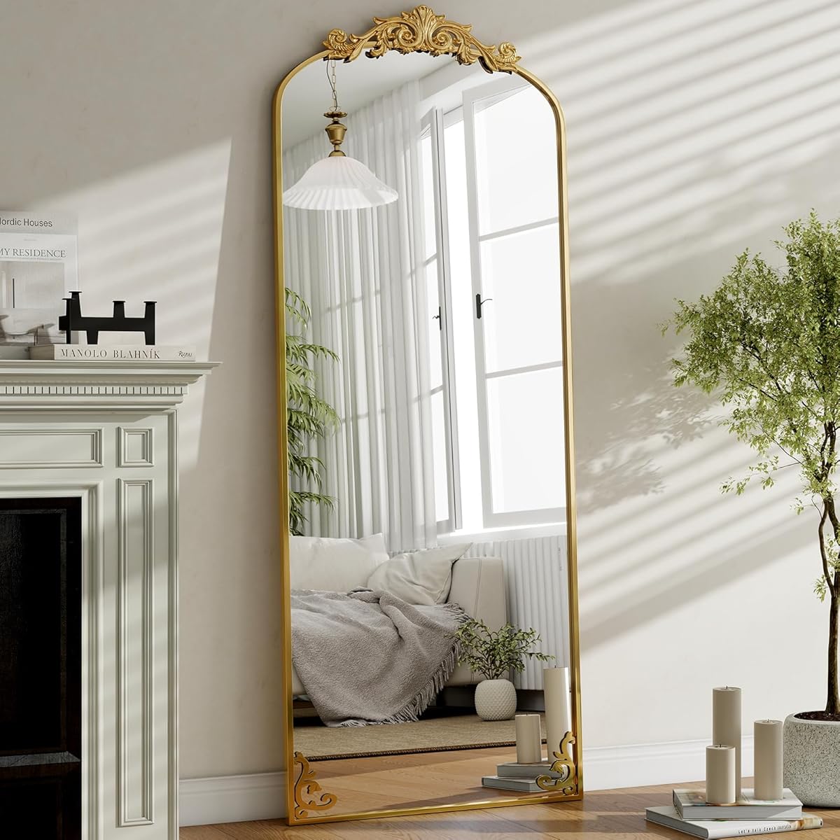 GLSLAND Arched Full Length Mirror - 21"x64" Vintage Carved Top Full Body Mirrors Standing with Baroque Metal Frame for Bedroom/Living Room/Entryway, Gold