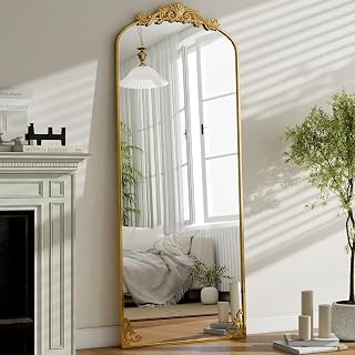 GLSLAND Arched Full Length Mirror - 21"x64" Vintage Carved Top Full Body Mirrors Standing with Baroque Metal Frame for Bedroom/Living Room/Entryway, Gold - Amazon product rated Grade A