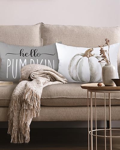 Juego de 2 fundas de almohada decorativas de otoño de 20 x 12 pulgadas, fundas de cojín decorativas de calabaza blanca, fundas de almohada lumbares