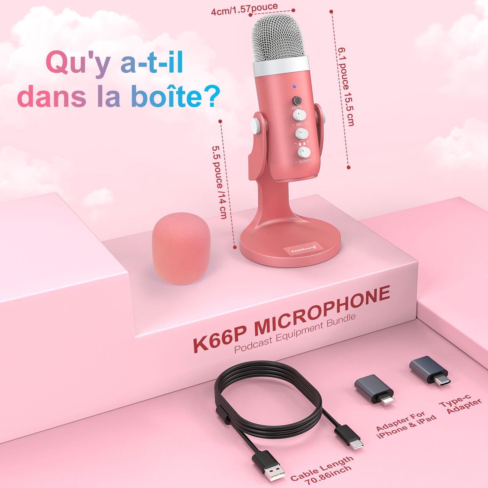 zealsound Micro USB, k66 Gaming Microphone de Jeu pour PC, téléphone, PS4 et PS5, Micro à condensateur cardioïde avec Button de sourdine et Gain pour Streaming, ASMR, podcasts, TikTok, Youtube- Rose