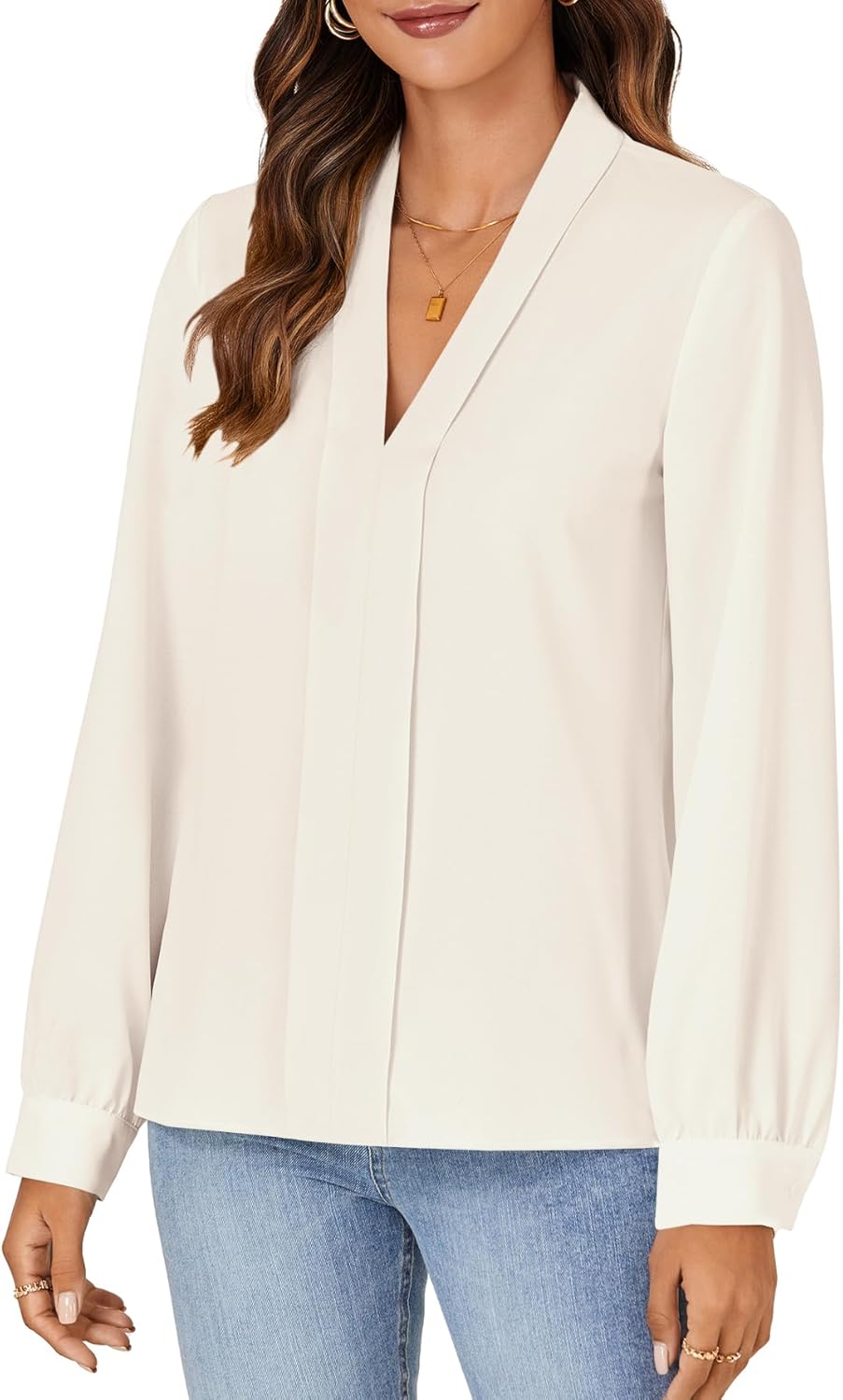 Rooscier Women's Elegant Pleated V Neck Long Sleeve Blouse Business Shirt Top - Image 3