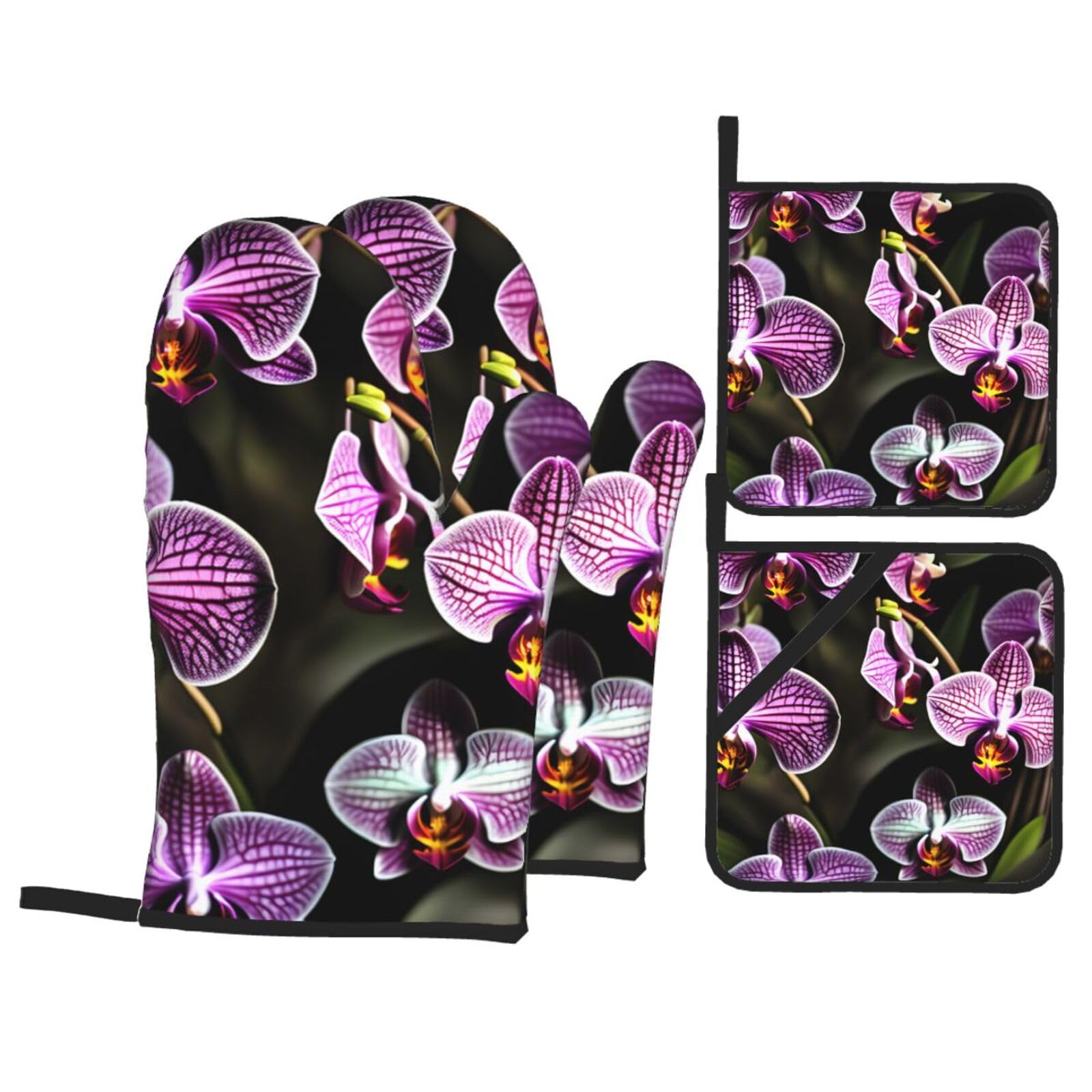 Nimongt Black Purple Orchids Print Print Heat-Resistant 4-Piece Oven Kitchen Gloves For Baking Cooking Microwaving Essentials