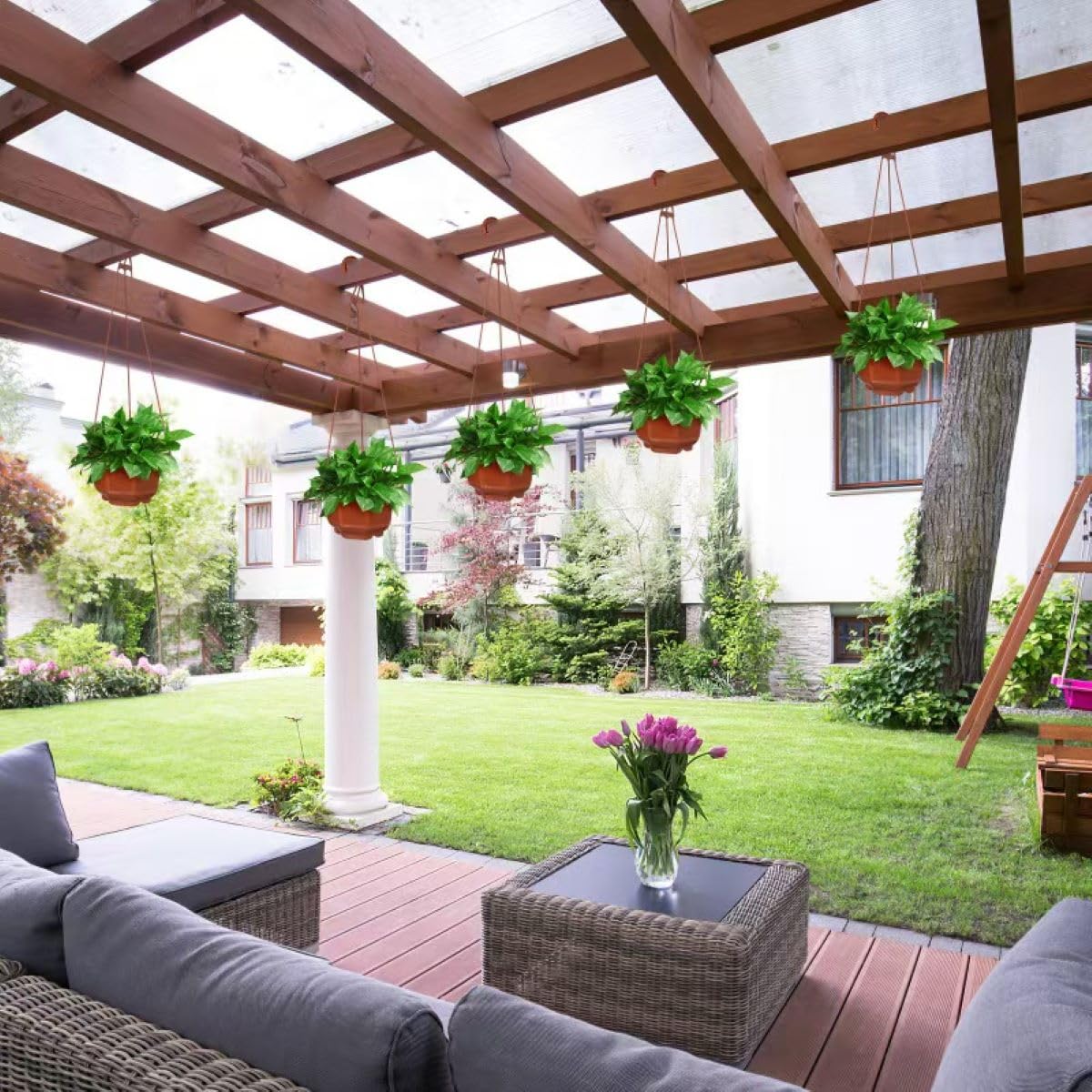 6 Vasi Da Fiori Sospesi Mumufy, 20 Cm, In Plastica Verde, Con Catena, Foro Di Drenaggio E Sottovaso Rimovibile, Per Interni/esterni - 2