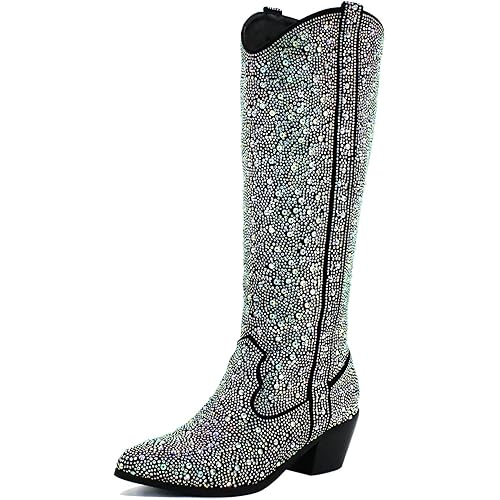 MlKMO Women's Embroidered Boots Western Cowgirl Knee High Boots Pointed Toe Classic Chunky Block Heel Fashion Cowboy Boots