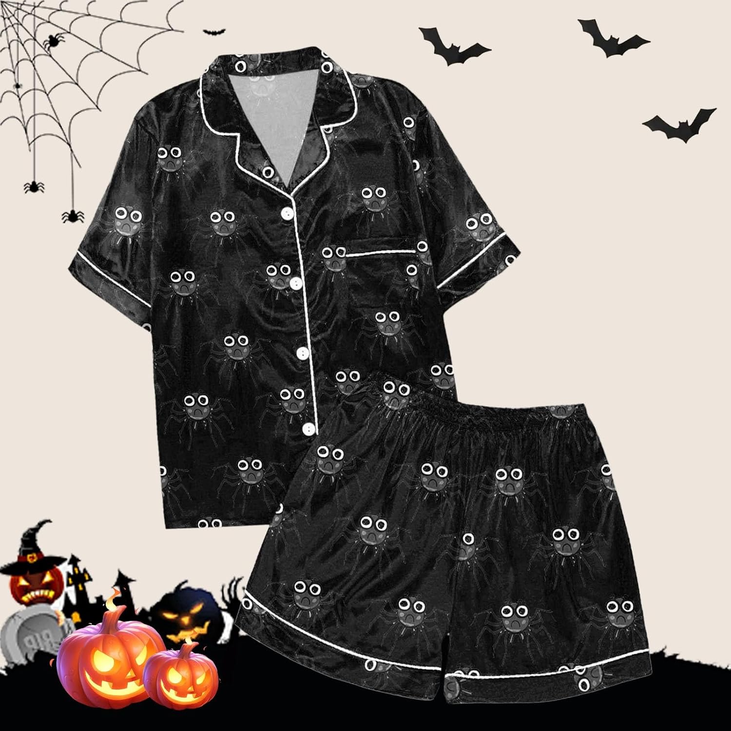 Halloween Pajama Shorts Set for Women Silk Satin Button Up Cute Sexy Skeleton Sleepwear Lounge Sets Short Sleeve Soft