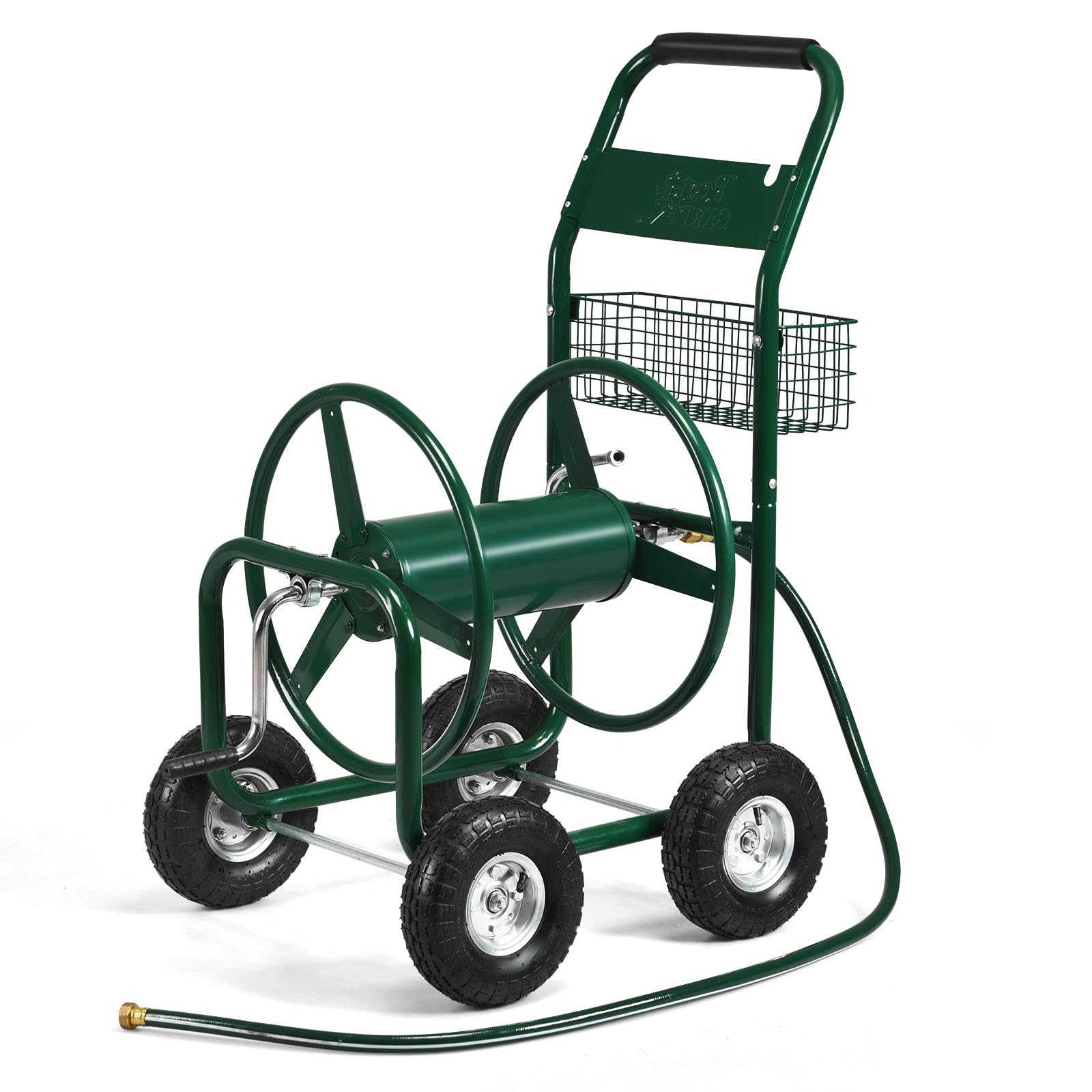 SOARS Schlauchwagen Metall, Schlauchaufroller für 5/8" Schlauch, Schlauchtrommel mit Korb & Gummireifen & Gummirädern, Gartenschlauchwagen mit 189 cm Anschlusschlauch