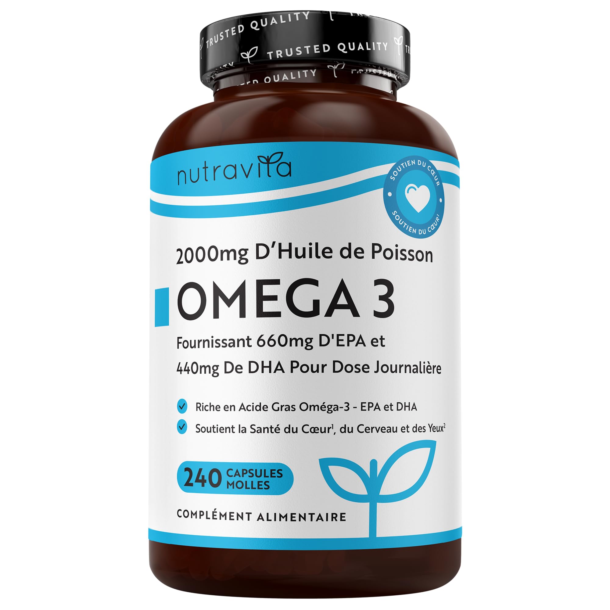 Omega 3 Huile de Poissons 2000mg - 240 Gélules (120 Jours) - Haute Concentration en EPA (660mg) & DHA (440mg) Soutien Fonction Cardiaque et une Vision Normale - Fabriqué par Nutravita